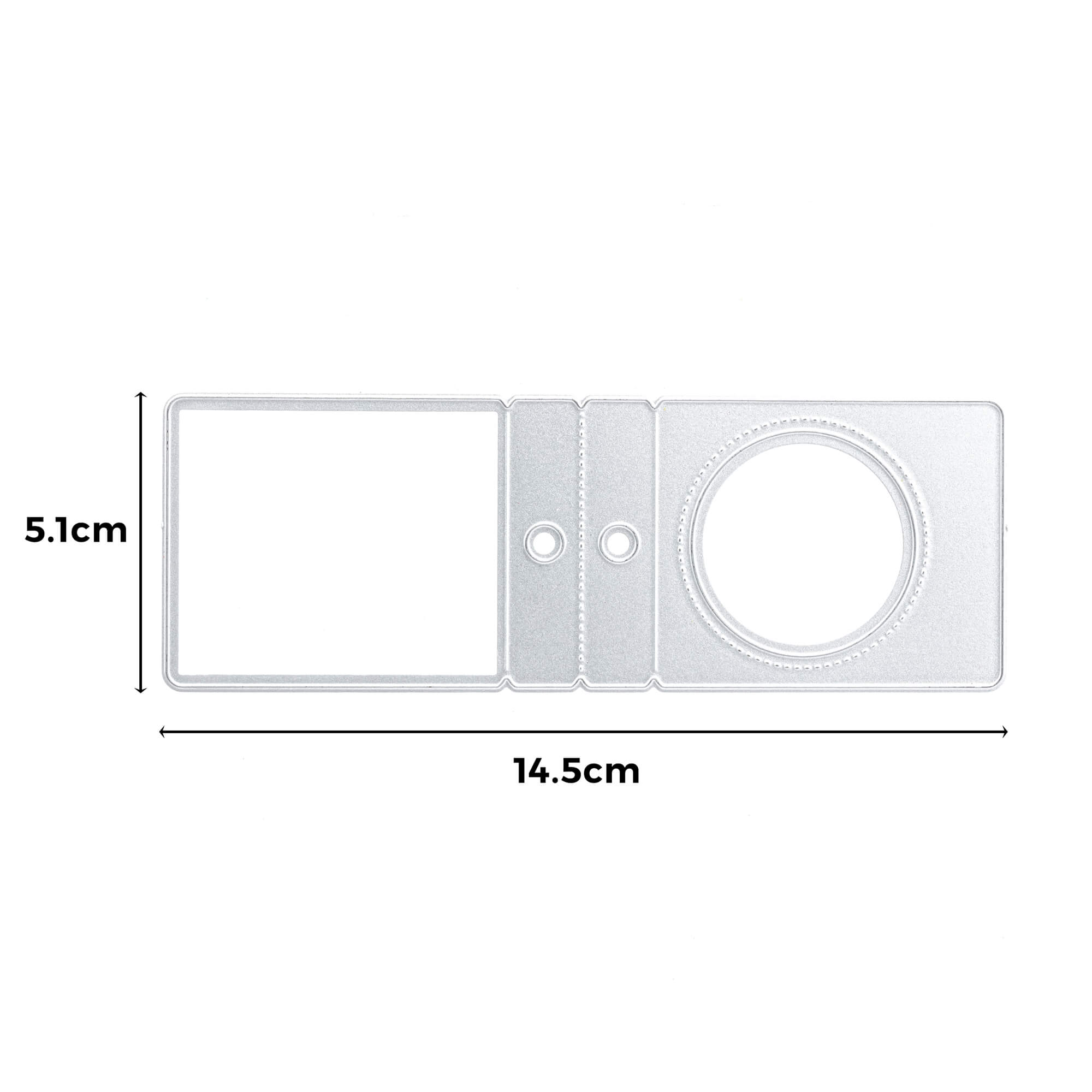 Die Stanzschablone: Klappetikett von Stanzenshop.de ist eine klare Kunststoff-Klapplupe, ideal zum Scrapbooking oder etiketten gestalten, mit einem 14,5 cm x 5,1 cm großen Rahmen und sowohl einem rechteckigen Fenster als auch einer runden Linse.