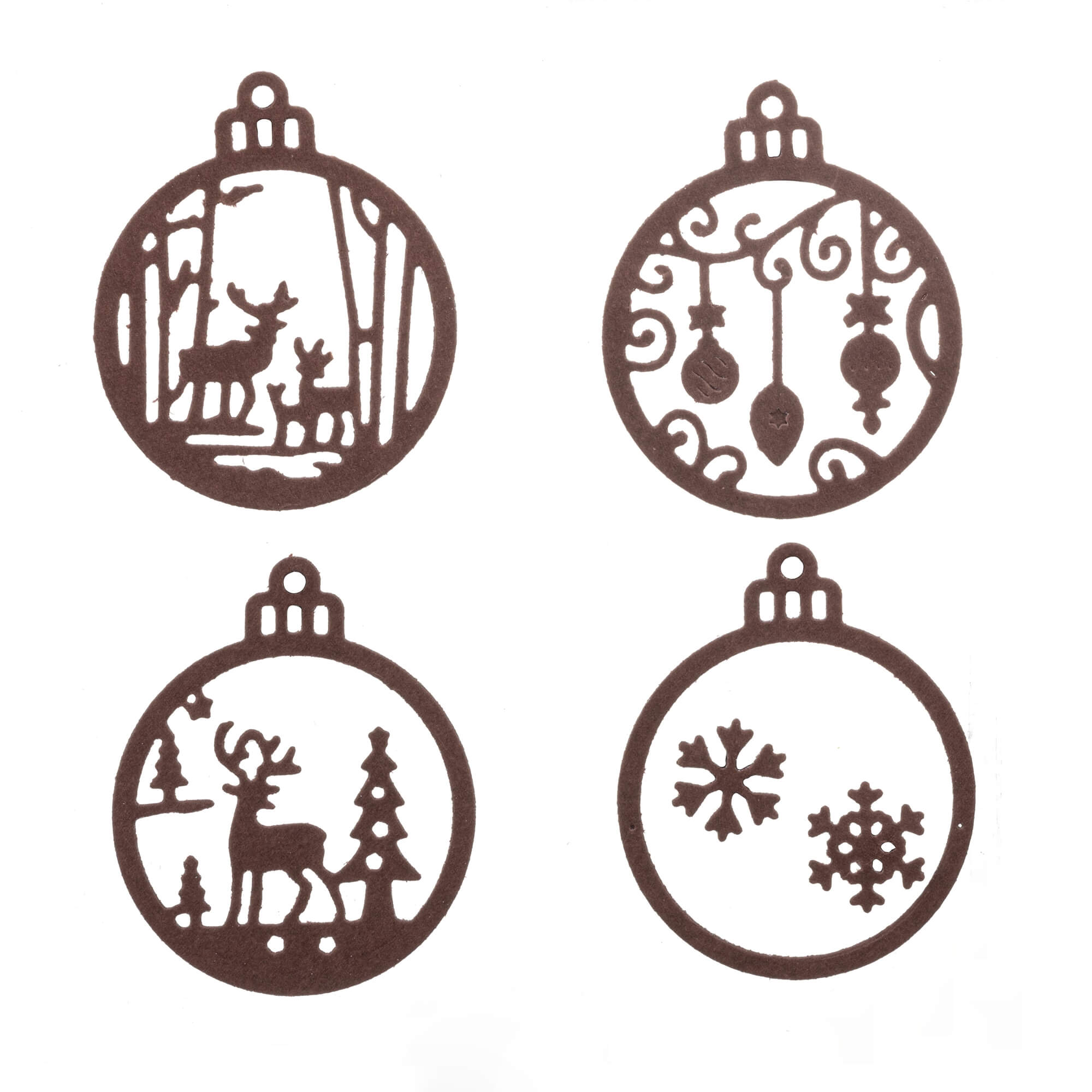 Vierer-Set runde, braune "Kleine Christkugeln" von Stanzenshop.de mit ausgestanzten Motiven (Hirsch im Wald, Ornamente, Hirsch mit Bäumen, Schneeflocken)-ideal als festliche Weihnachtsdekoration.