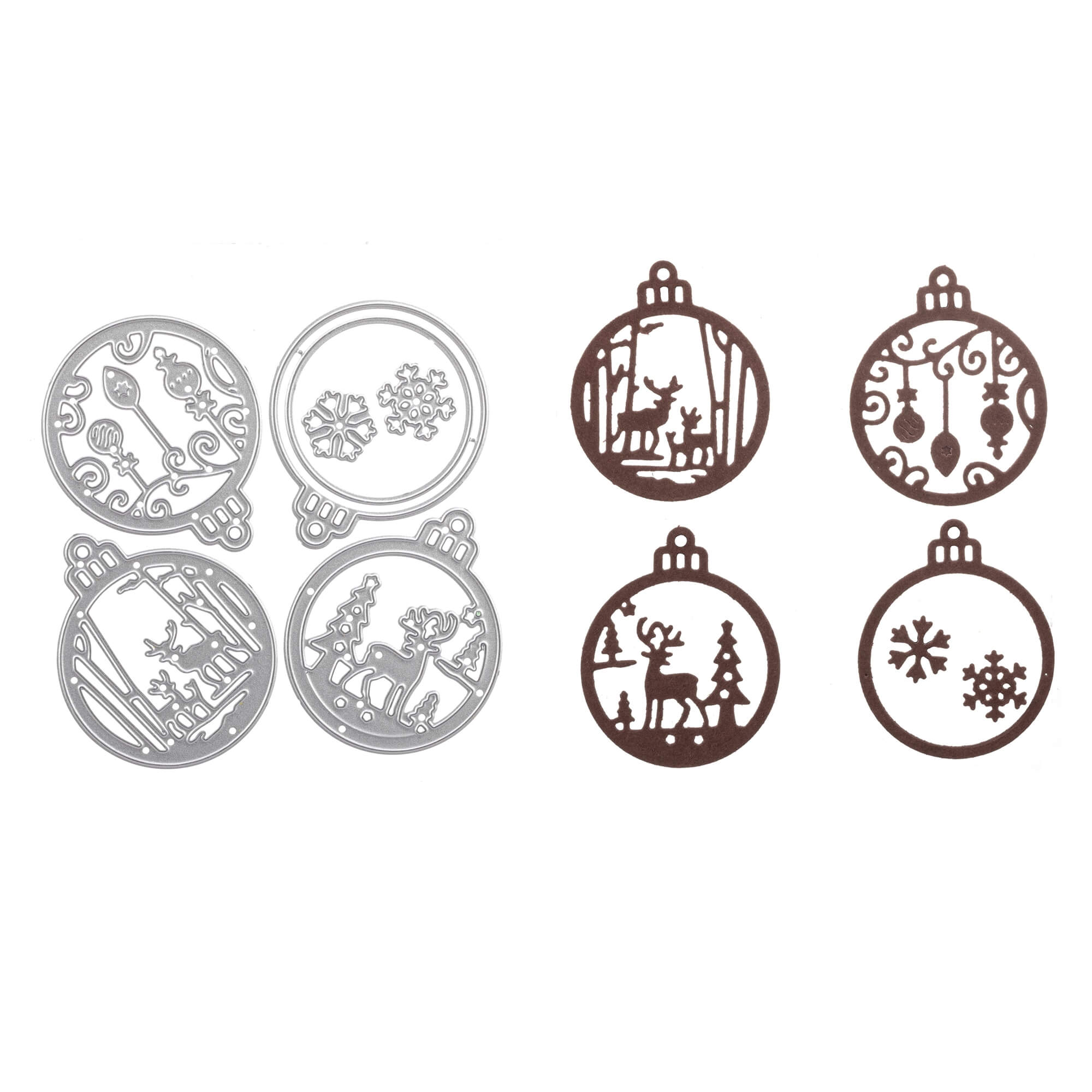 Acht Kleine Christkugeln von Stanzenshop.de: vier silberne und vier dunkelbraune Ornamente mit festlichen Motiven, angeordnet in zwei Gruppen - ideal für Ihre Weihnachtsdekoration.
