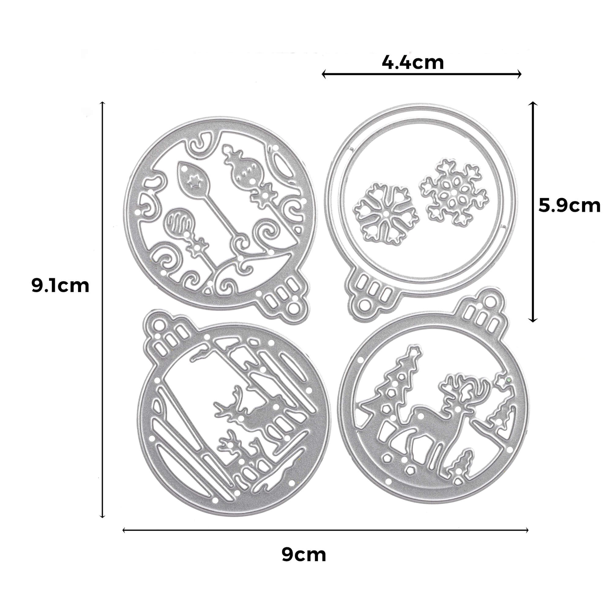 Das Stanzenshop.de Stanzschablone: Kleine Christkugeln Set enthält vier silberne Metallstanzformen in kreisrunden Weihnachtsornamentformen, ideal für festliche Projekte. Die Stanzformen sind auf einem weißen Hintergrund mit beschrifteten Abmessungen abgebildet.