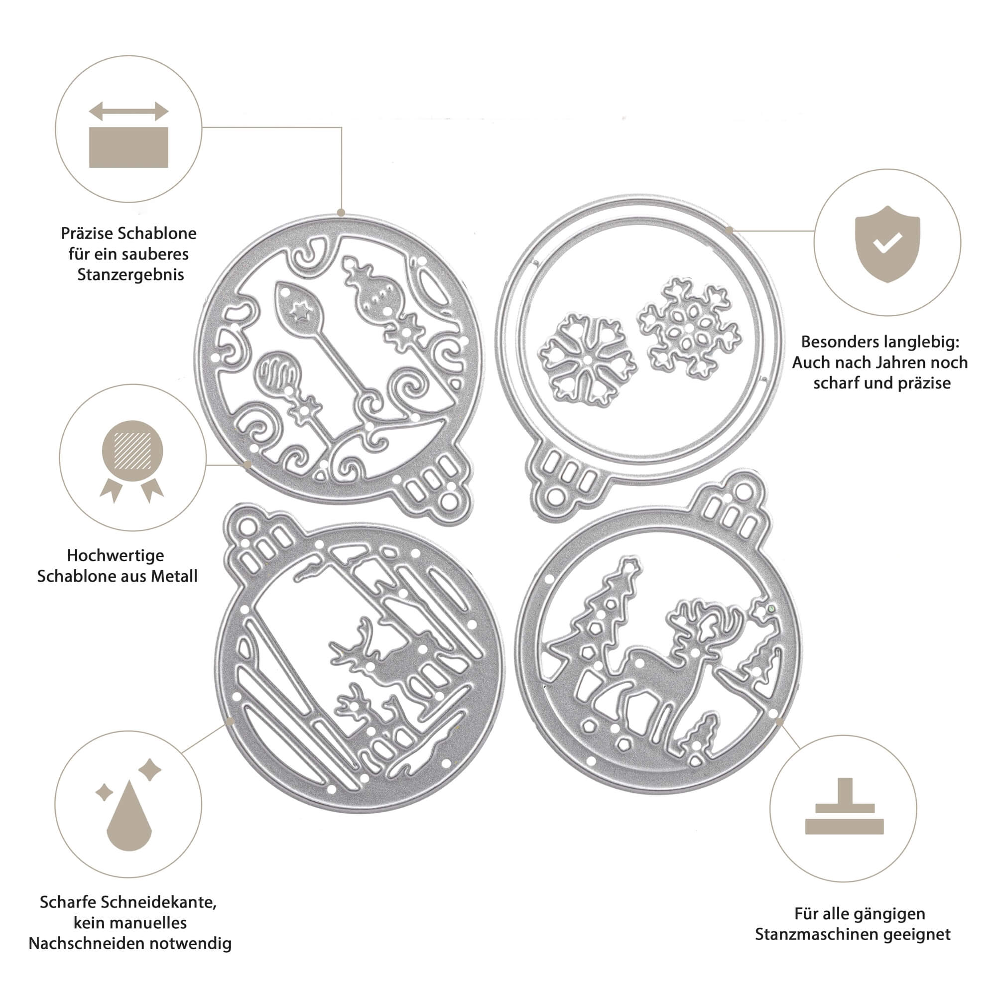 Die Stanzschablone "Stanzenshop.de: Kleine Christkugeln" enthält vier runde Stanzschablonen aus Metall mit aufwendigen Winter- und Weihnachtsmotiven, deutschem Text und Symbolen zur Darstellung von Besonderheiten; perfekt für alle gängigen Stanzmaschinen.