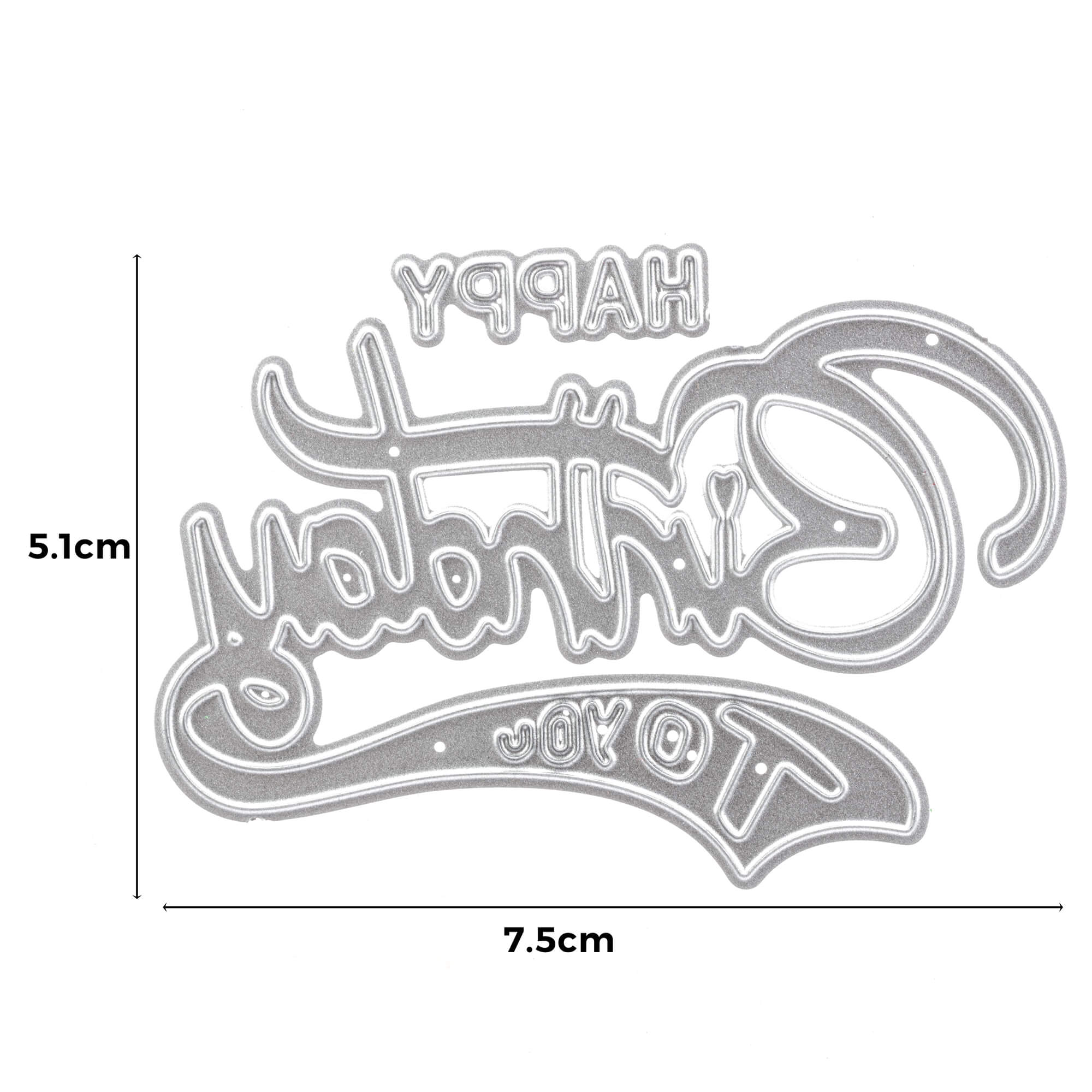 Die Stanzschablone "Happy Birthday" von Stanzenshop.de, 5,1 x 7,5 cm groß, aus Metall - ideal für Bastelzubehör oder um Geburtstagskarten zu gestalten - wird auf weißem Hintergrund gezeigt.