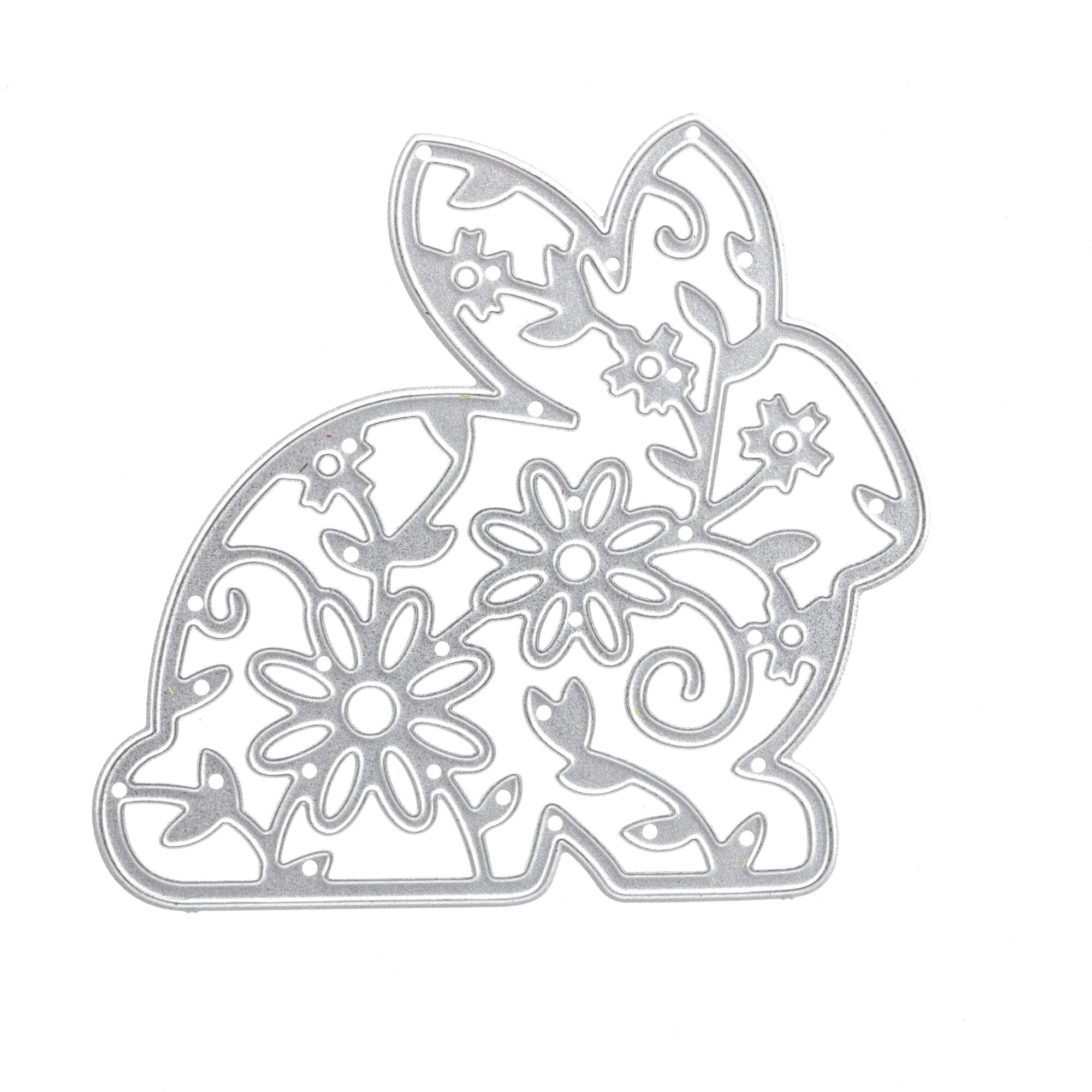 Die Stanzenshop.de Stanzschablone: Hase mit Blumenmuster ist ein silberner Metallstempel in Form eines Hasen mit Blumenmuster, ideal für Grußkarten und kreative Bastelprojekte.