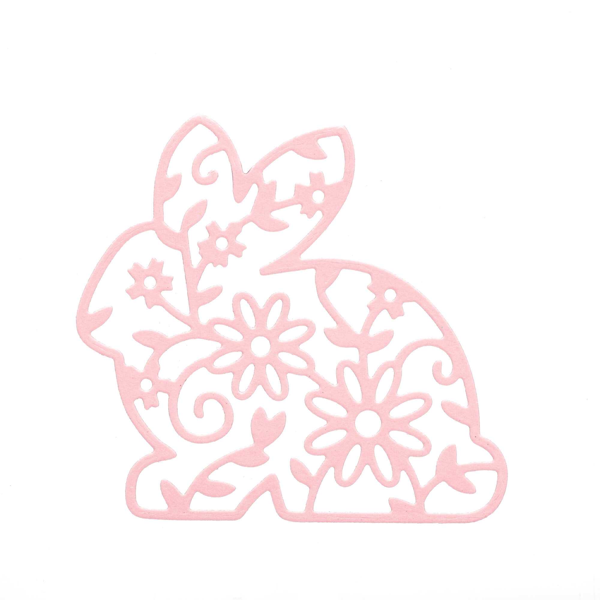 Eine pastellrosa Hasen-Silhouette mit floralem Ausschnitt, gefertigt mit der Stanzschablone: Hase mit Blumenmuster von Stanzenshop.de-ideal für Bastelprojekte oder charmante Grußkarten auf weißem Hintergrund.