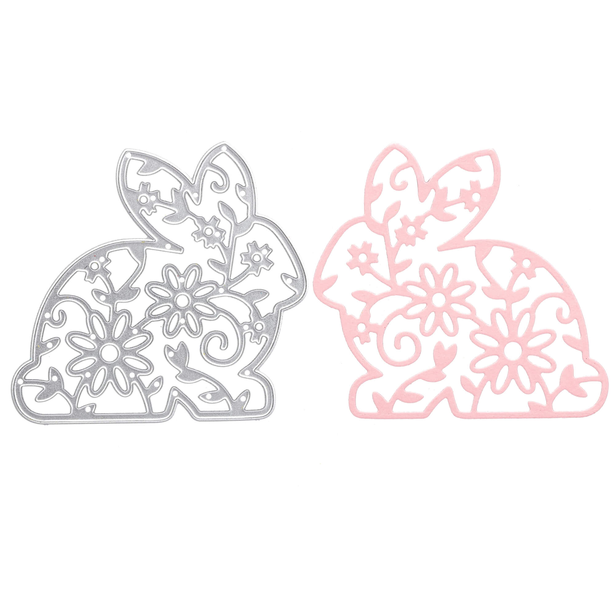 Zwei dekorative Hasen-Silhouetten in Silber und Pink mit Blumenmuster: Stanzschablone "Hase mit Blumenmuster" von Stanzenshop.de - ideal für Bastelprojekte oder Grußkarten, abgebildet vor weißem Hintergrund.