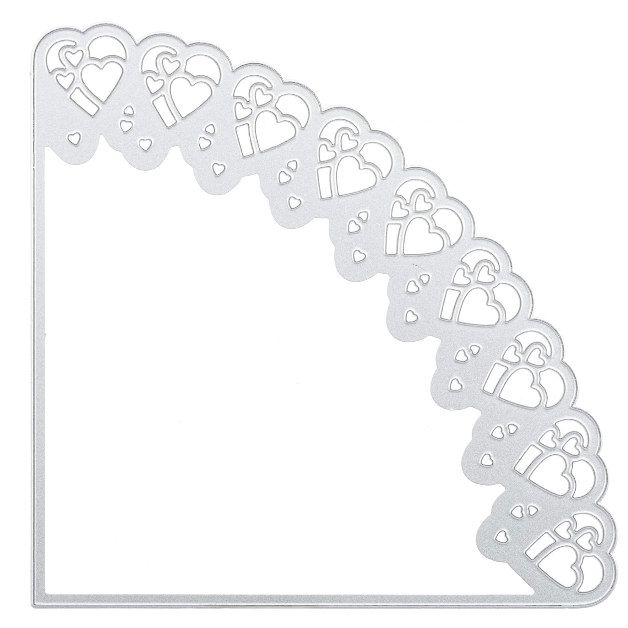 Die "Stanzschablone: Schultüte" von Stanzenshop.de ist eine silberne Metall-Eckschablone mit überlappenden Herzmustern, ideales Bastelzubehör für kreative Schultüten gestalten.