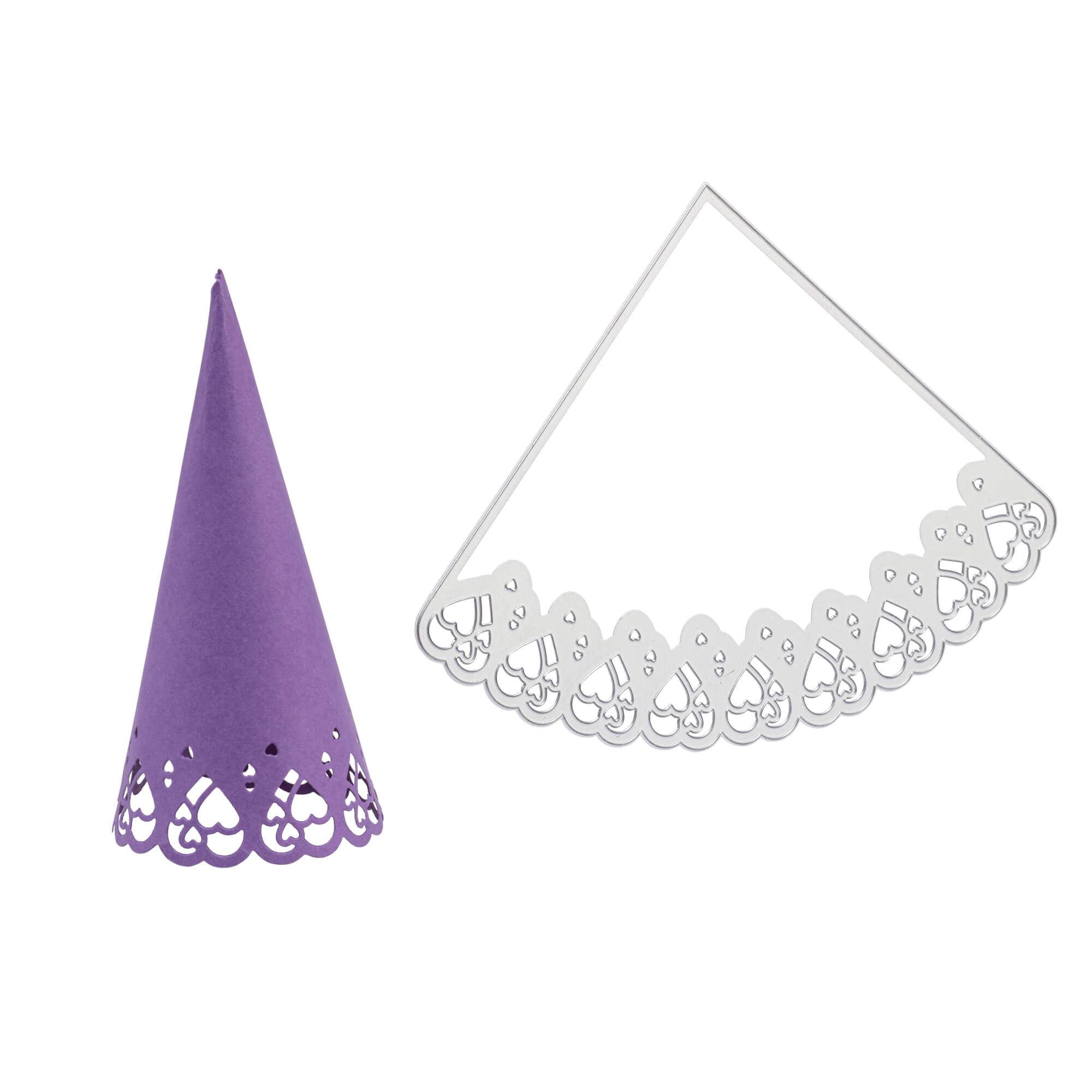 Eine lila Papiertüte mit dekorativem Rand sitzt neben der Stanzschablone: Schultüte von Stanzenshop.de und ist damit das ideale Bastelzubehör für alle, die ihre Schultüte ganz einfach selbst gestalten wollen.