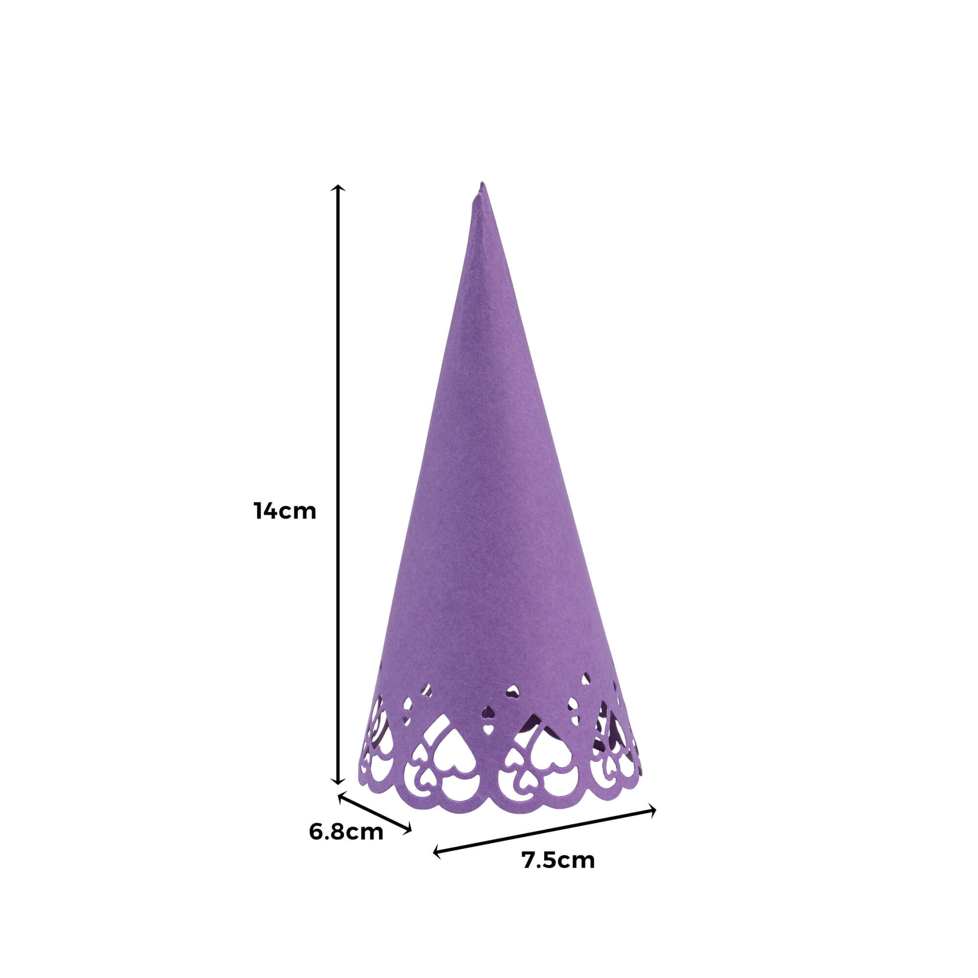 Die Stanzschablone: Schultüte von Stanzenshop.de ist eine lilafarbene, kegelförmige Papierdekoration mit einem Spitzen-Herzmuster, in der Größe 14x7,5x6,8 cm - ideales Bastelzubehör zum Gestalten Ihrer eigenen Schultüte.