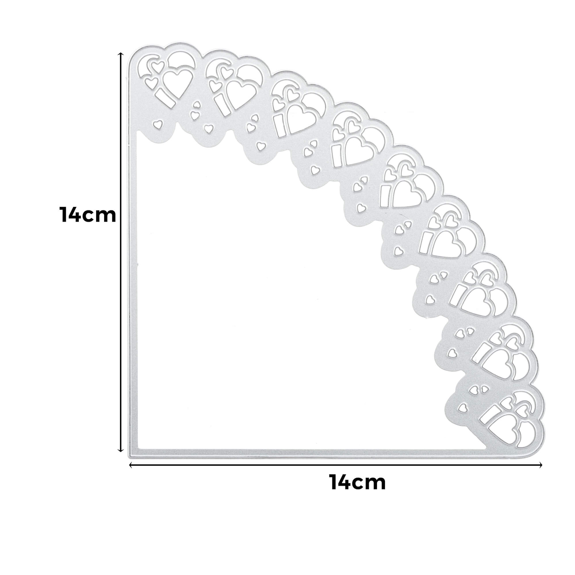 Die Stanzenshop.de Stanzschablone: Schultüte ist eine silberne Metall-Eckschablone mit Herzausschnitten, 14 cm pro Seite-perfektes Bastelzubehör zum Verzieren von Schultüten, dargestellt auf weißem Hintergrund.