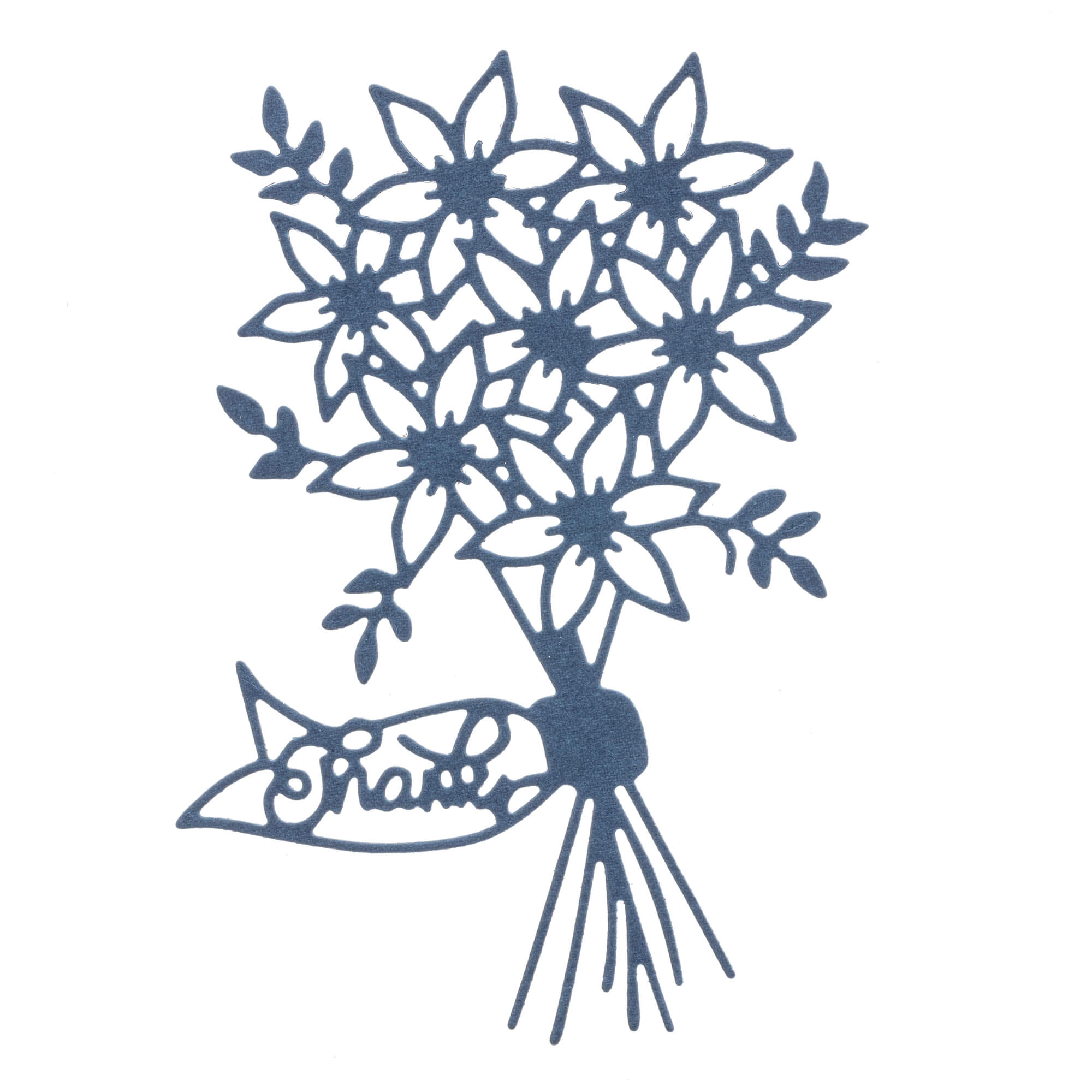 Ein Scherenschnitt-Blumenstrauß aus der Stanzschablone: Blumenstrauß von Stanzenshop.de, gekrönt mit einem "Danke"-Anhänger an den Stielen, ist die perfekte Ergänzung für Scrapbooking oder Bastelprojekte auf strahlend weißem Hintergrund.