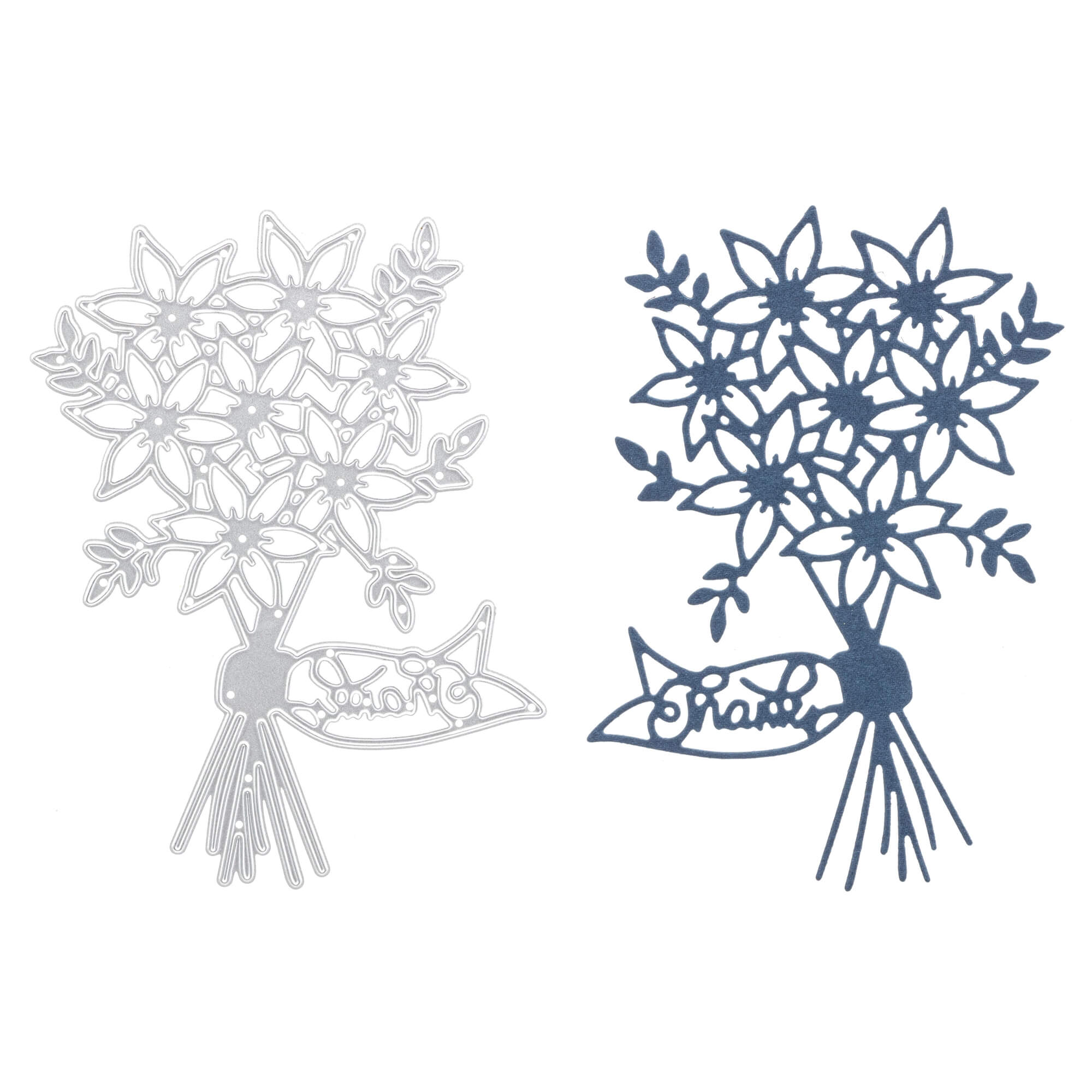 Zwei Blumenstrauß-Ausschnitte (silber & dunkelblau) mit einer "Danke"-Schleife - ideale Stanzschablone: Blumenstrauß von Stanzenshop.de für Scrapbooking oder kreative Bastelprojekte.