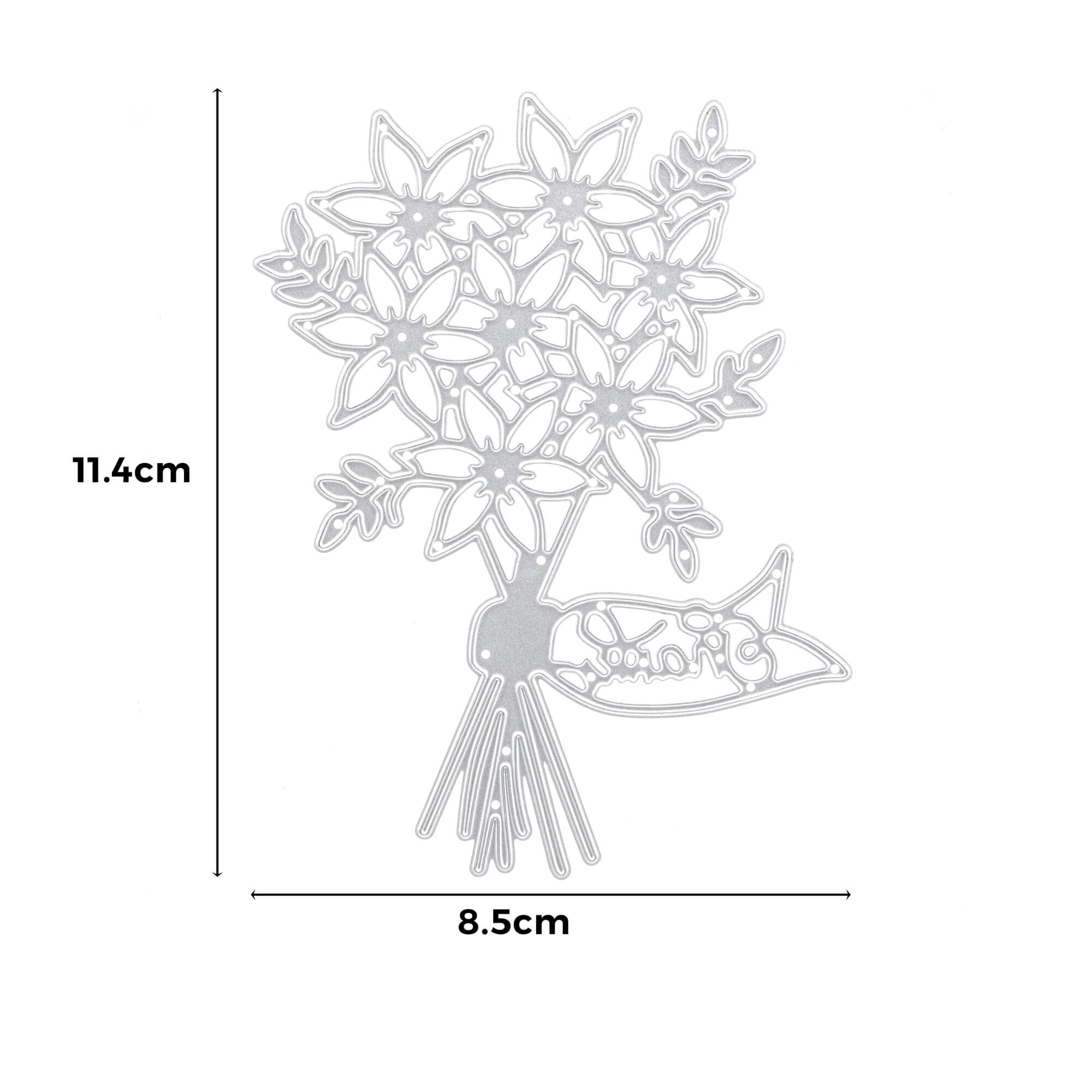 Die Stanzenshop.de Stanzschablone: Blumenstrauß ist eine Metallic-Stanzschablone eines Blumenstraußes mit "Danke"-Anhänger, ideal für Bastelprojekte oder Scrapbooking, mit den Maßen 11,4 x 8,5 cm.