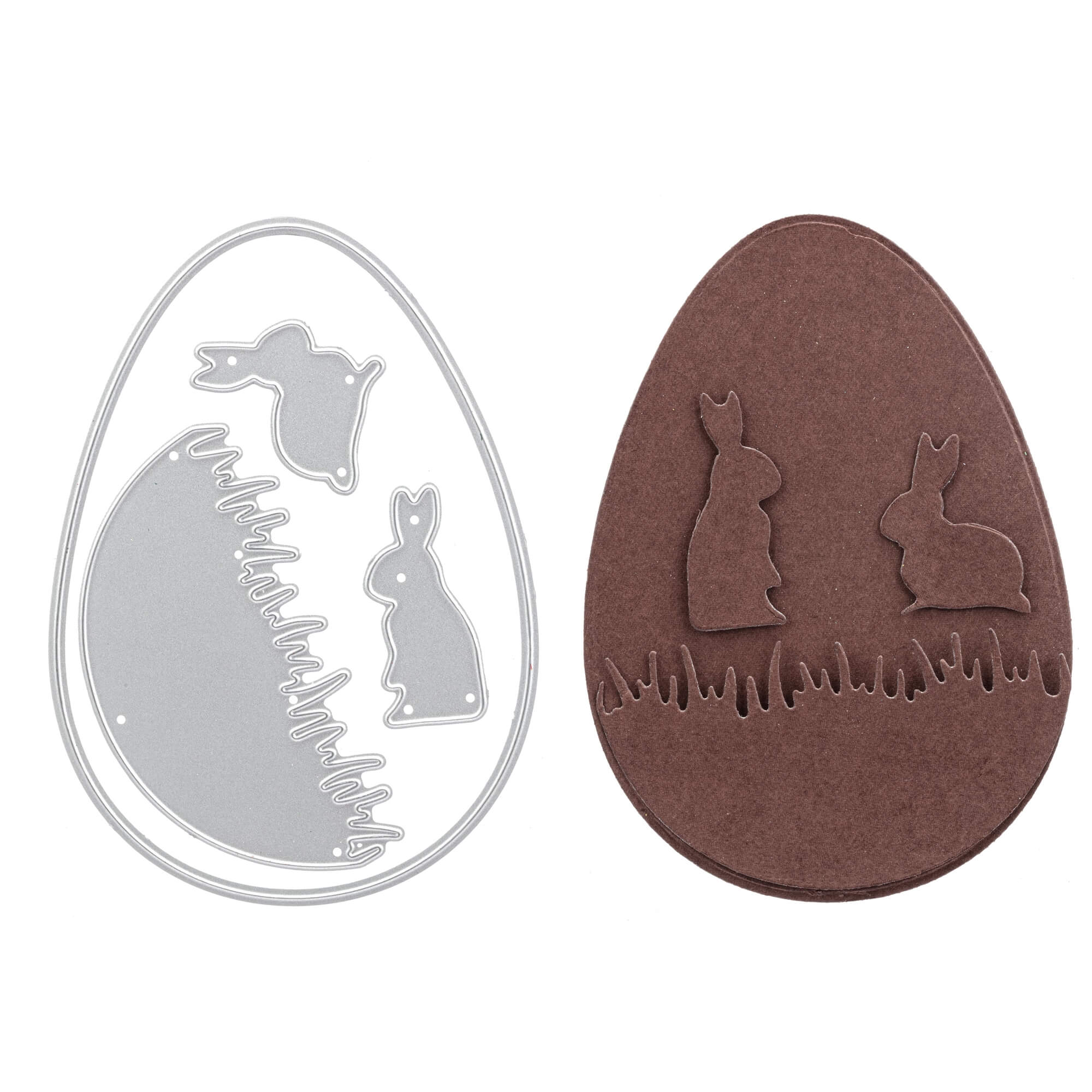 Die Stanzschablone: Hasen im Gras von Stanzenshop.de besteht aus einem eiförmigen Metallstempel mit Hasen- und Gräsersilhouetten - ideal für Basteln und kreative Osterdeko, daneben ein passender brauner Ausschnitt.