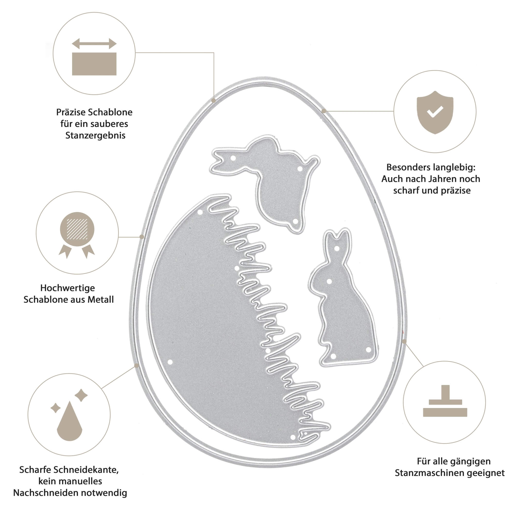 Stanzenshop.de Stanzschablone: Hasen im Gras - eierförmige Metallstanze mit Hasenmotiven, ideal für Osterdeko oder Basteln; passt auf gängige Stanzmaschinen und liefert präzise, haltbare Kanten für saubere Ergebnisse.