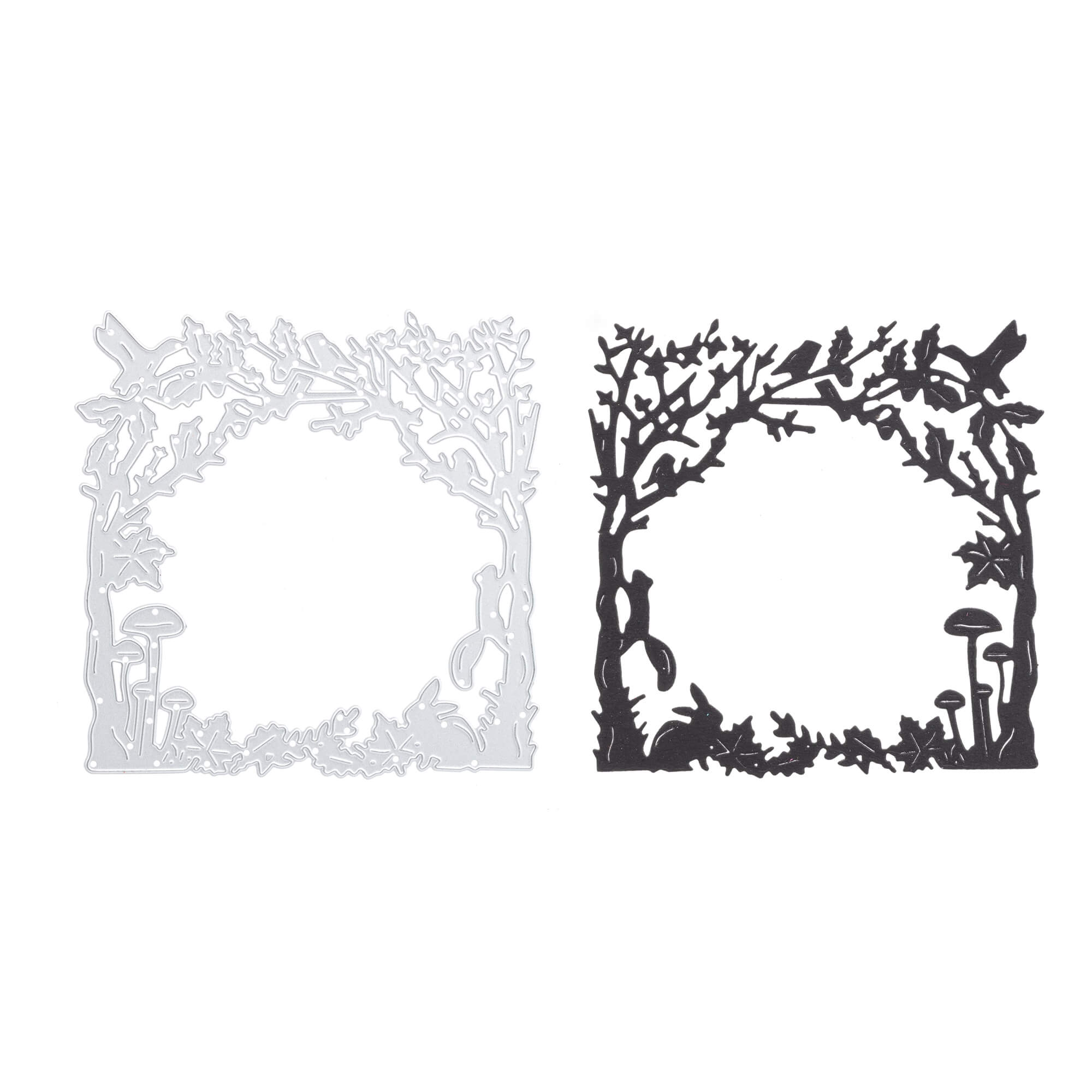 Set aus zwei quadratischen Rahmen aus der Stanzschablone: Herbstwald von Stanzenshop.de mit Zweigen, Blättern, Pilzen und Vögeln - perfekt für herbstliche Bastelprojekte. Ein Rahmen ist silber, der andere schwarz.