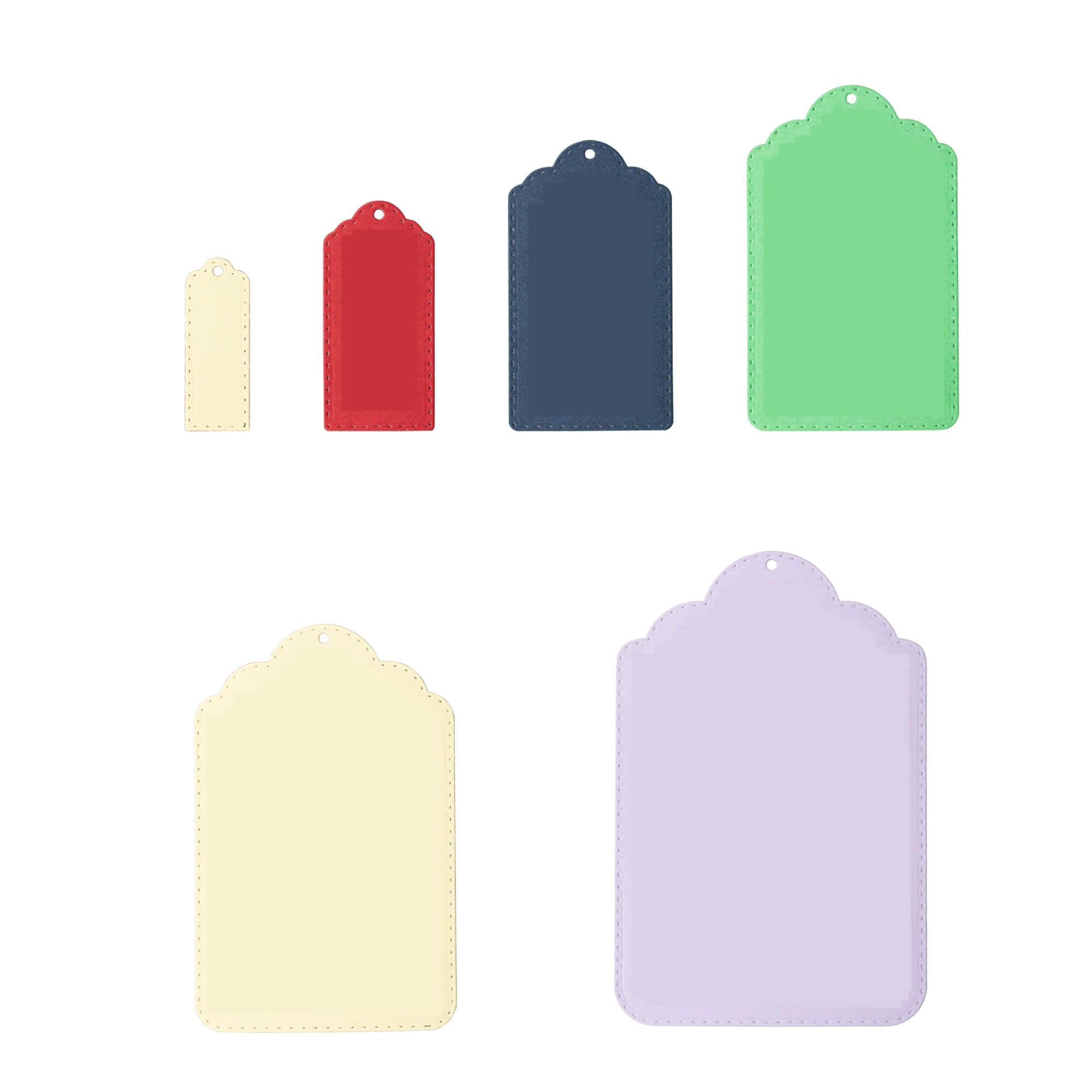 Sechs Stanzschablone: Etiketten (8 x 12 cm) von Stanzenshop.de in den Farben Gelb, Rot, Marineblau, Grün, Creme und Lavendel sind in zwei Reihen auf weißem Hintergrund angeordnet.