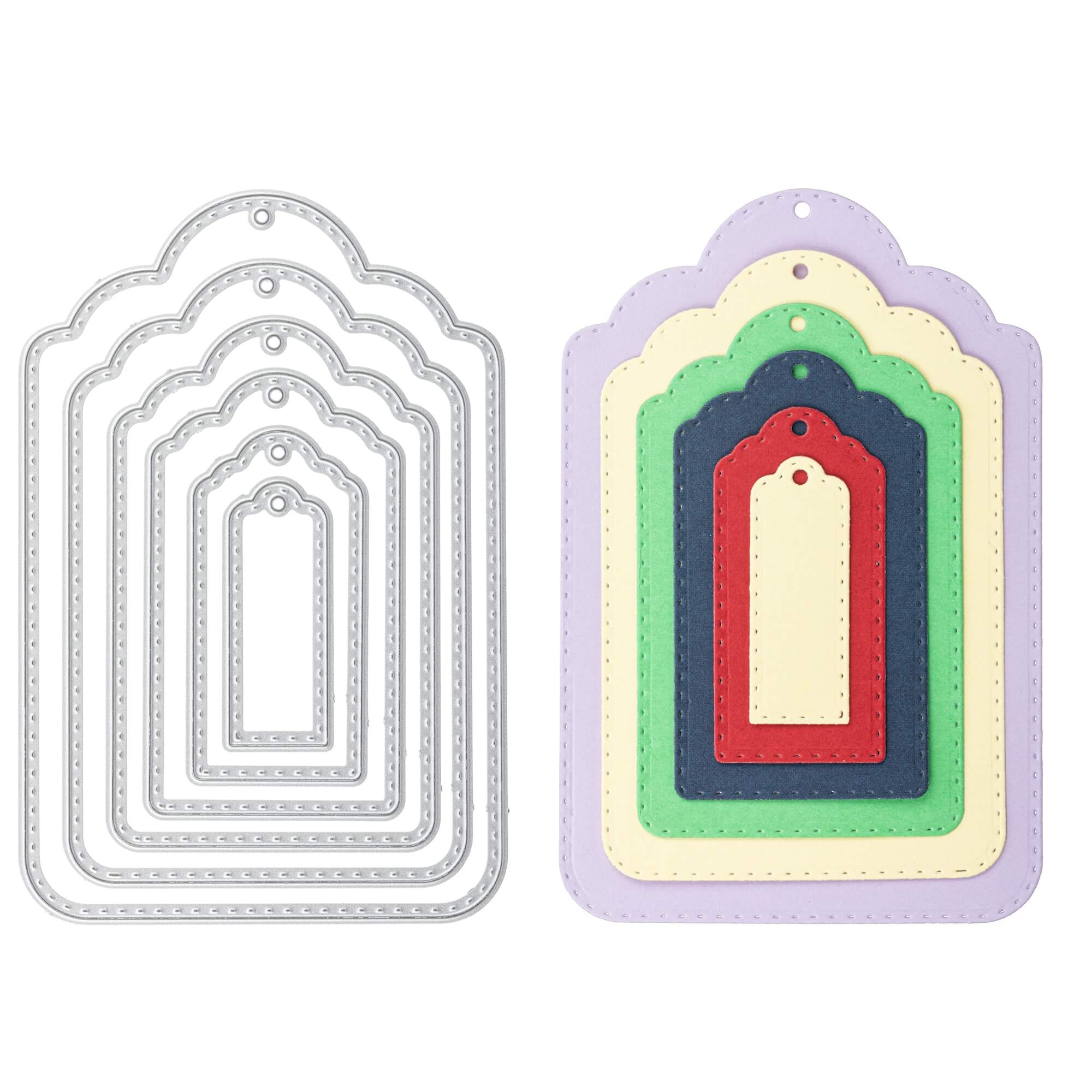 Die Stanzenshop.de Stanzschablone: Etiketten enthält sieben ineinander verschachtelte Stanzformen und geschichtete Papieranhänger in verschiedenen Farben - perfekt für die Herstellung individueller Etiketten bis zu einer Größe von 8 x 12 cm.