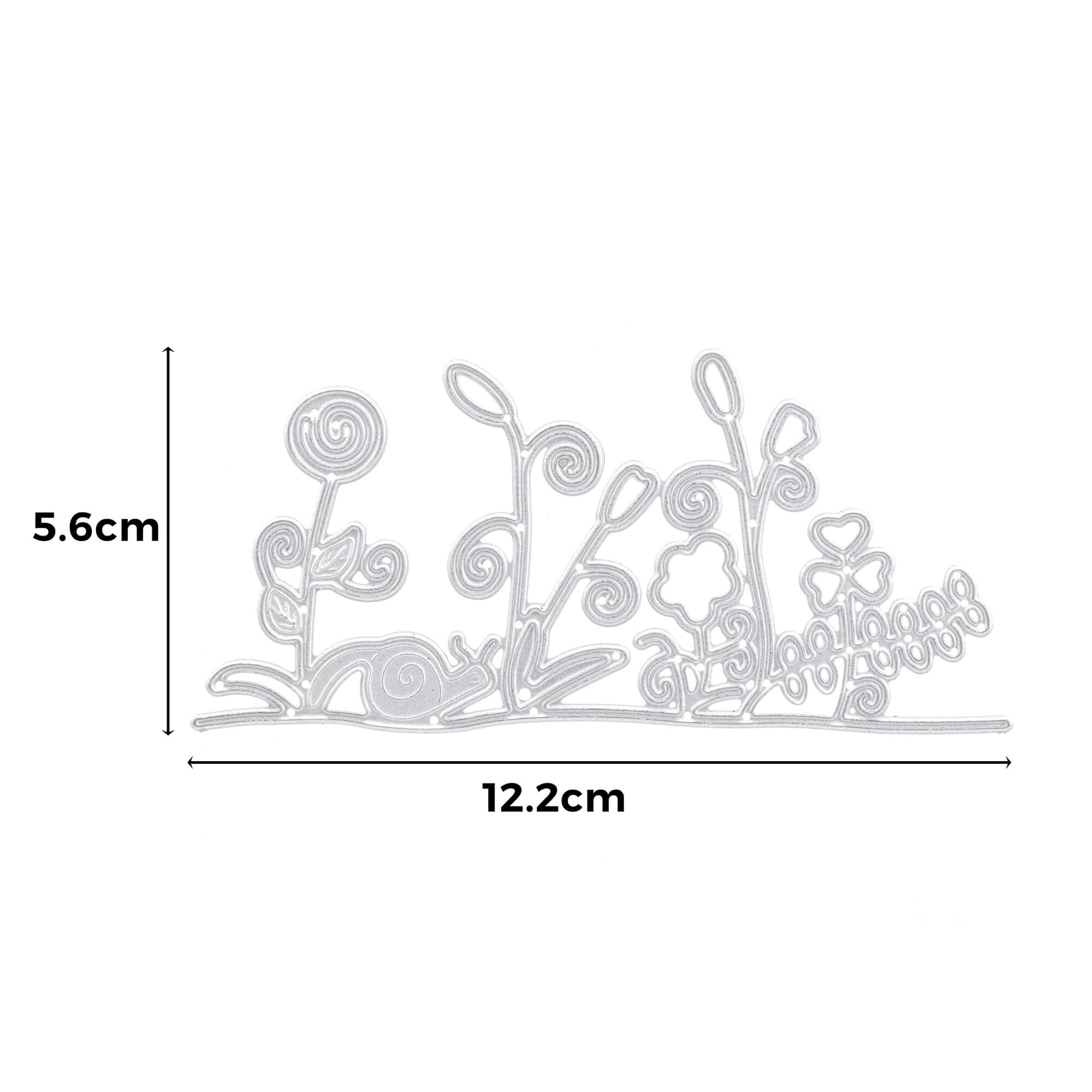 Die Stanzenshop.de Stanzschablone: Blumen mit Schnecken ist eine Metallstanze mit skurrilen Pflanzen und Blumen, mit den Maßen 5,6 x 12,2 cm - ideal für Bastelprojekte und eine perfekte Ergänzung für jede Stanzschablonen Blumen Kollektion. Abgebildet auf weißem Hintergrund mit Abmessungen.
