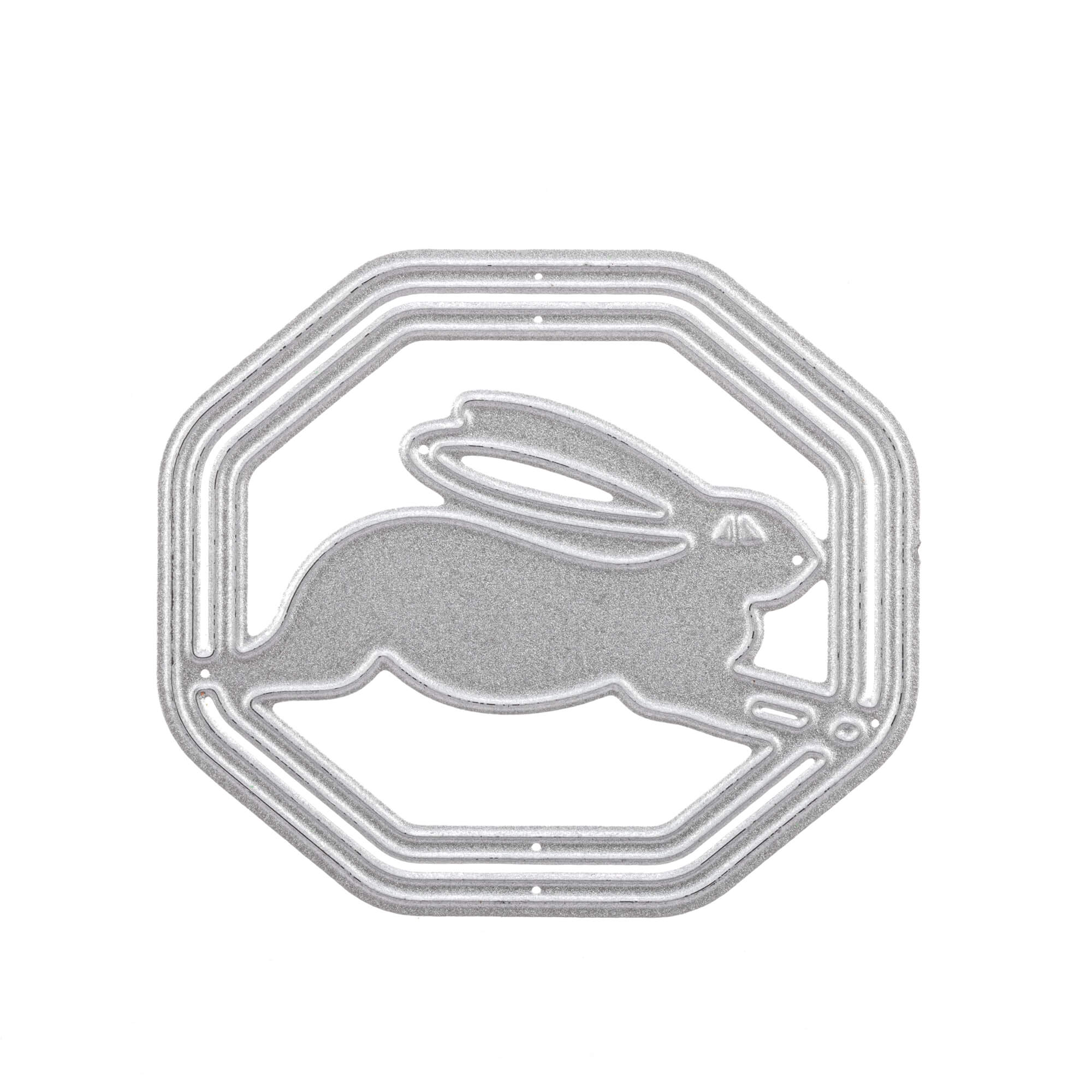 Stanzschablone: Hase im Rahmen von Stanzenshop.de - silbernes Metallelement mit achteckigem Rand und Hasen-Ausstanzung in der Mitte, perfekt für kreative Osterdekoration.