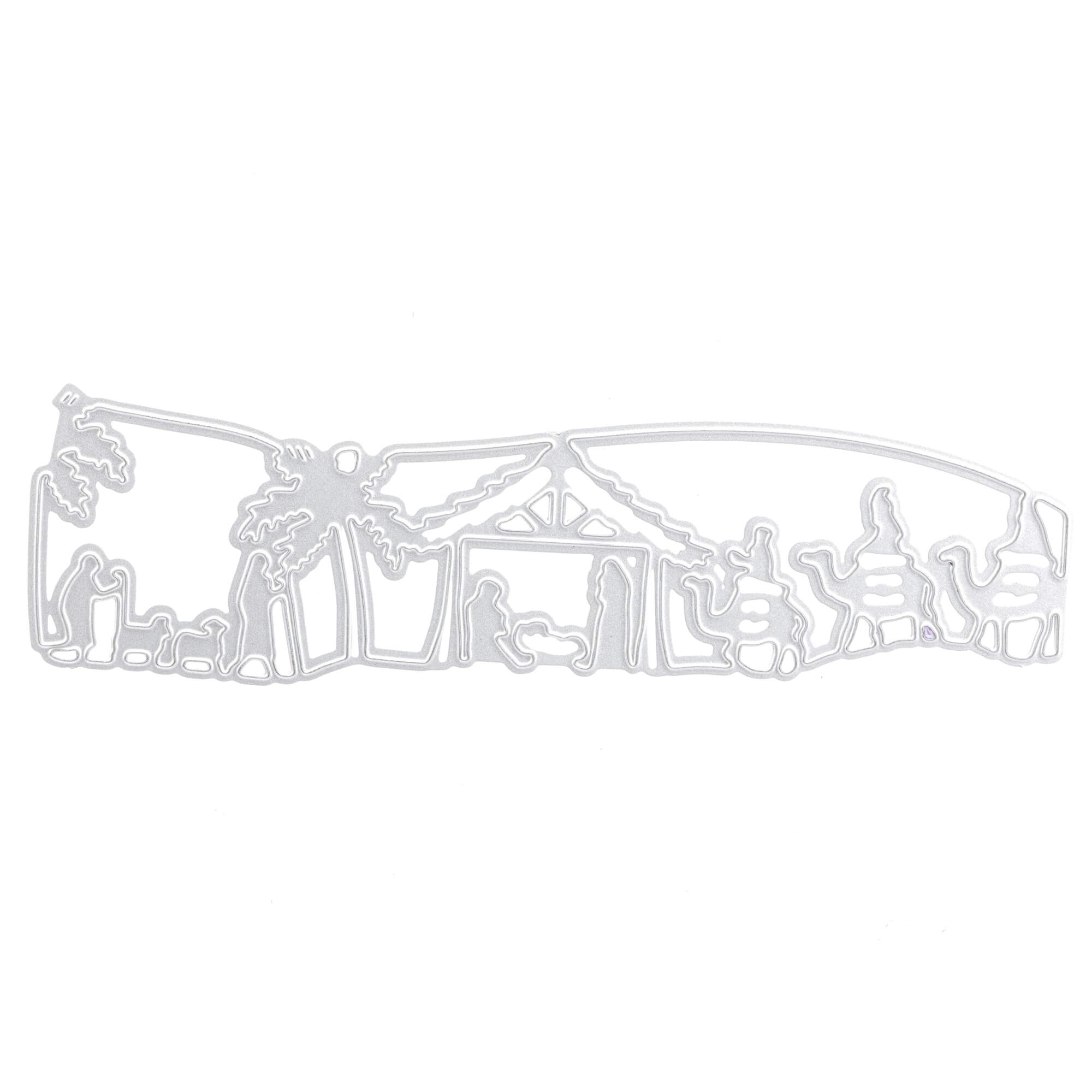 Silberne Konturen-Illustration einer Krippenszene mit Figuren, Tieren und Bäumen unter einem Stall-ideal für Weihnachtskarten oder als Inspiration für dein Projekt mit der Stanzschablone: Krippenausschnitt von Stanzenshop.de.