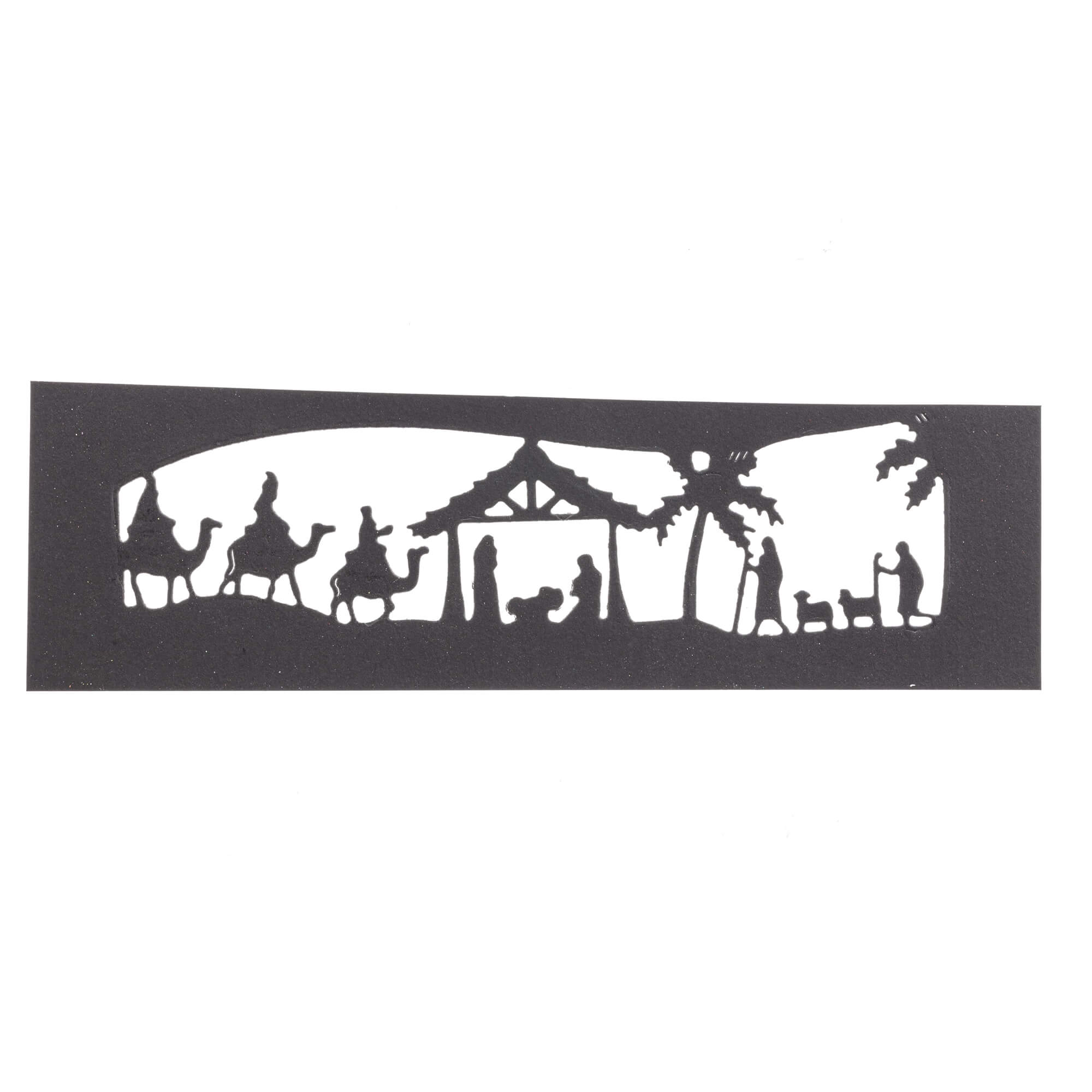 Gestalten Sie festliche Weihnachtskarten mit der Stanzenshop.de Stanzschablone: Der Krippenausschnitt zeigt die Heilige Familie, den Stall, die Heiligen Drei Könige auf Kamelen und Tiere in einem schwarzen Papierausschnitt.