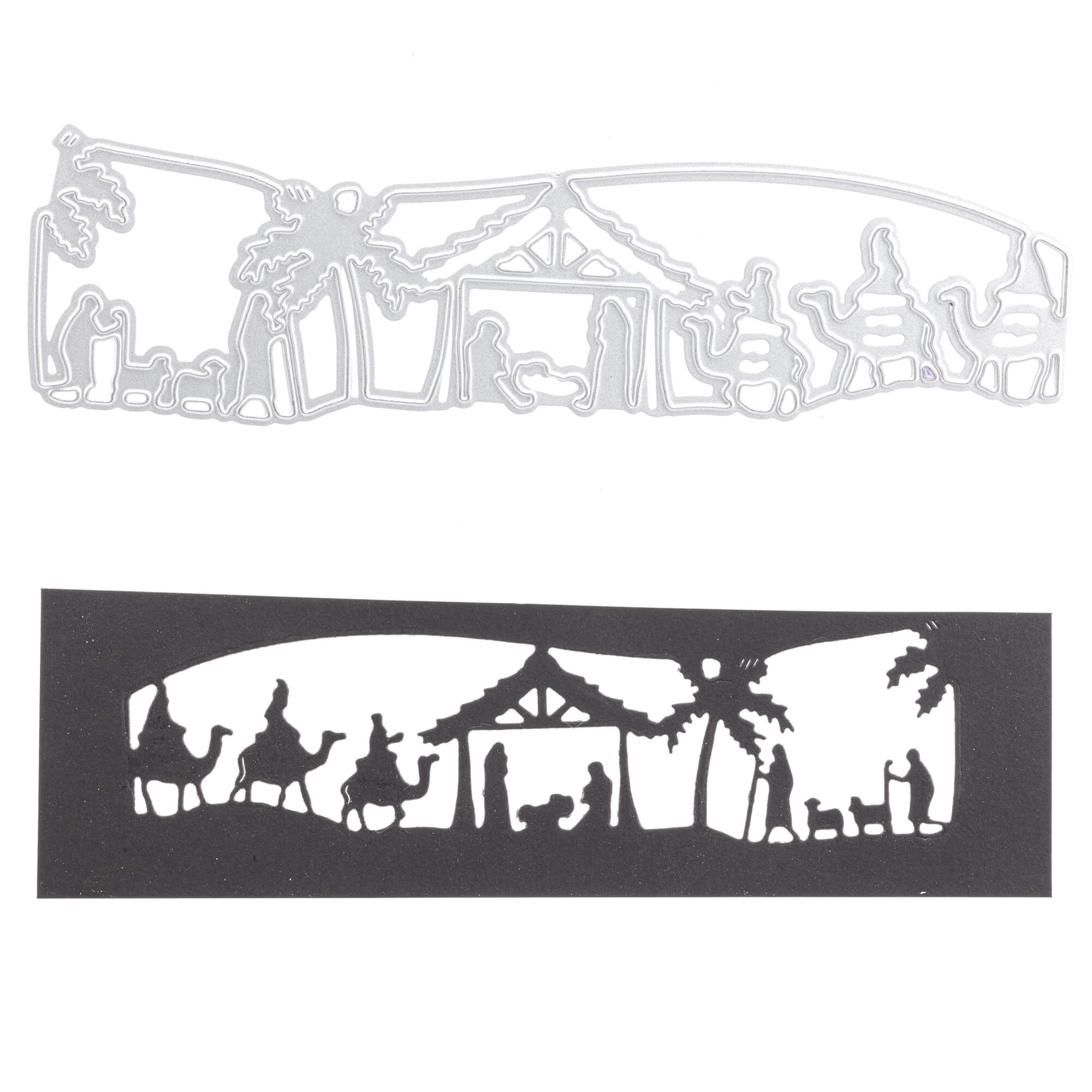 Die Stanzschablone: Krippenausschnitt von Stanzenshop.de und sein schwarzer Papierausschnitt zeigen eine Krippenszene mit Krippe, Heiliger Familie, Weisen und Palmen - ideal zum Basteln von Weihnachtskarten.