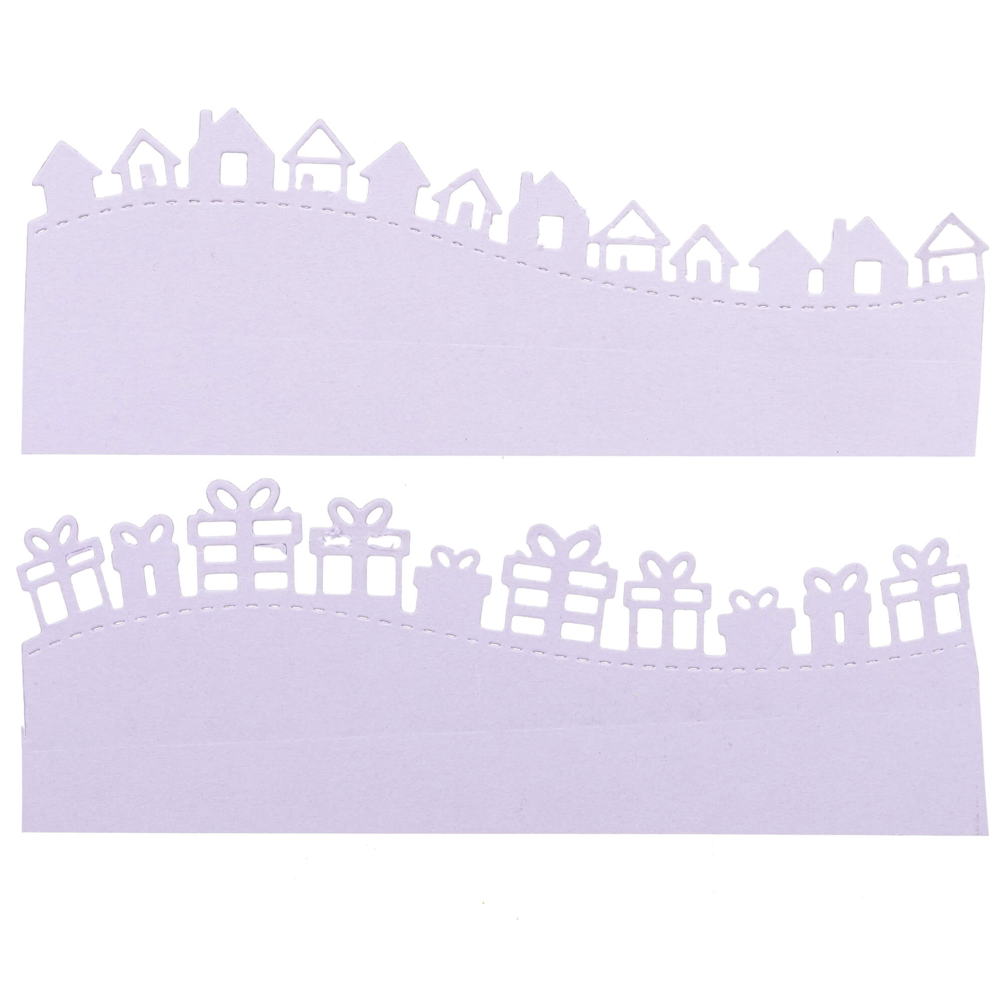 Die Stanzschablone: Geschenke/Häuserwelle von Stanzenshop.de stanzt lila Papier mit einer Häuserreihe oben und einer Geschenkboxenreihe unten, jeweils mit gewelltem Rand-ideal für Dekoration Zuhause oder Geschenkanhänger.