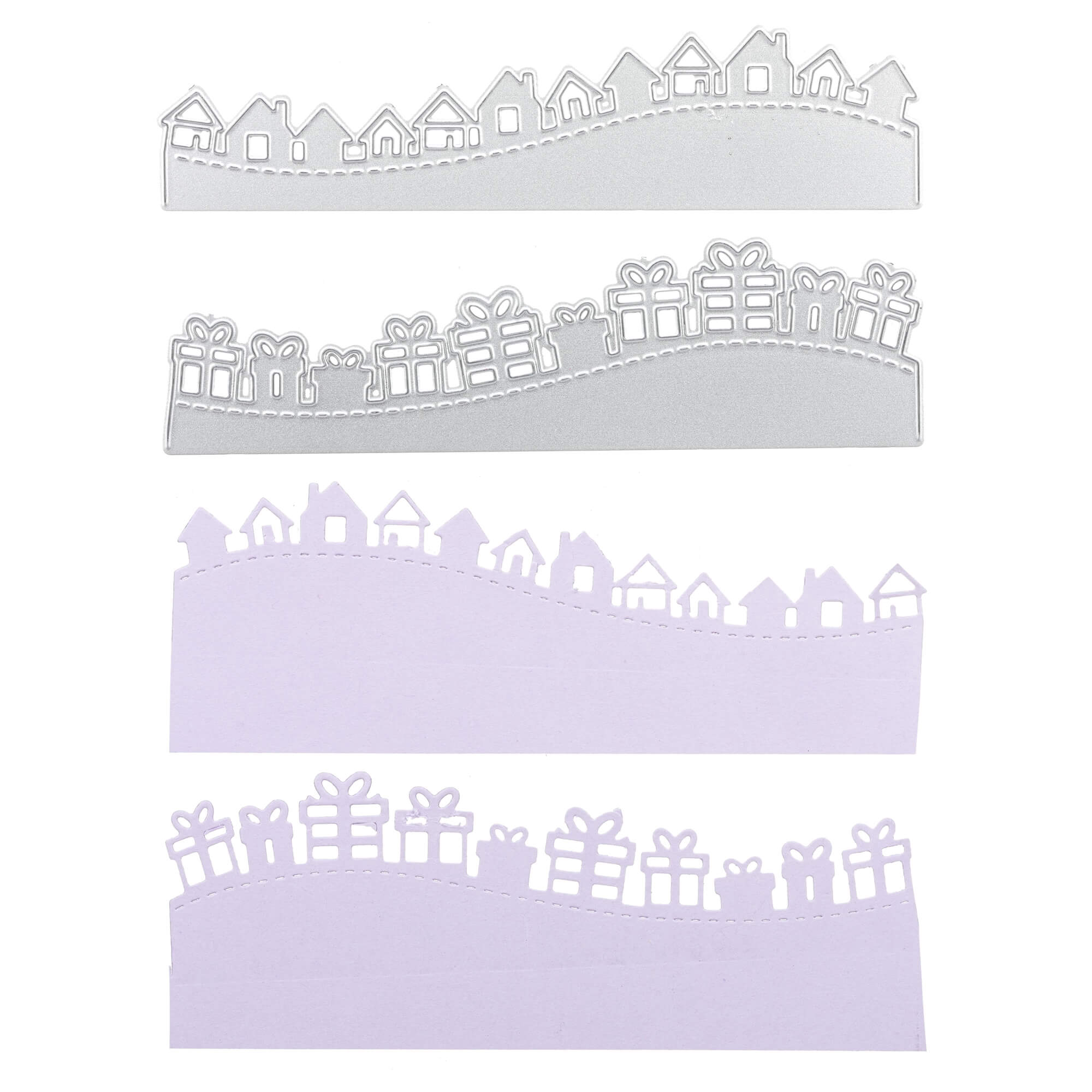 Vier ausgestanzte Streifen mit der Stanzschablone: Geschenke/Häuserwelle von Stanzenshop.de mit Haus- und Geschenkschachtelmotiven, perfekt für Dekoration Zuhause oder Geschenkanhänger basteln, dargestellt als Metallschablone und gestanztes Papier auf weißem Hintergrund.