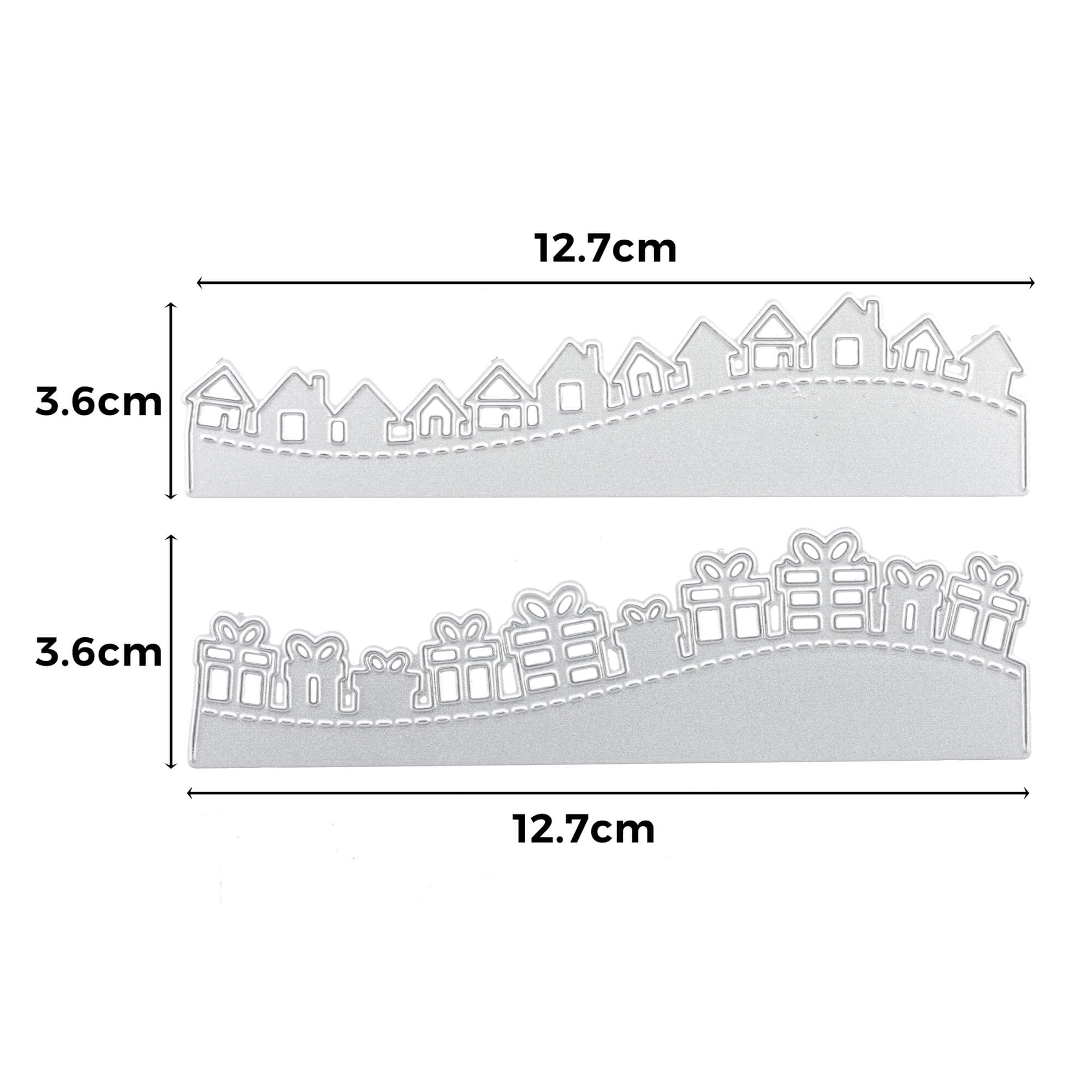 Die Stanzschablone: Geschenke/Häuserwelle von Stanzenshop.de enthält zwei 12,7 x 3,6 cm große Metallstanzformen - eine mit Häusern, eine mit Geschenken - ideal für die Dekoration Ihres Zuhauses oder zum Basteln von Geschenkanhängern.