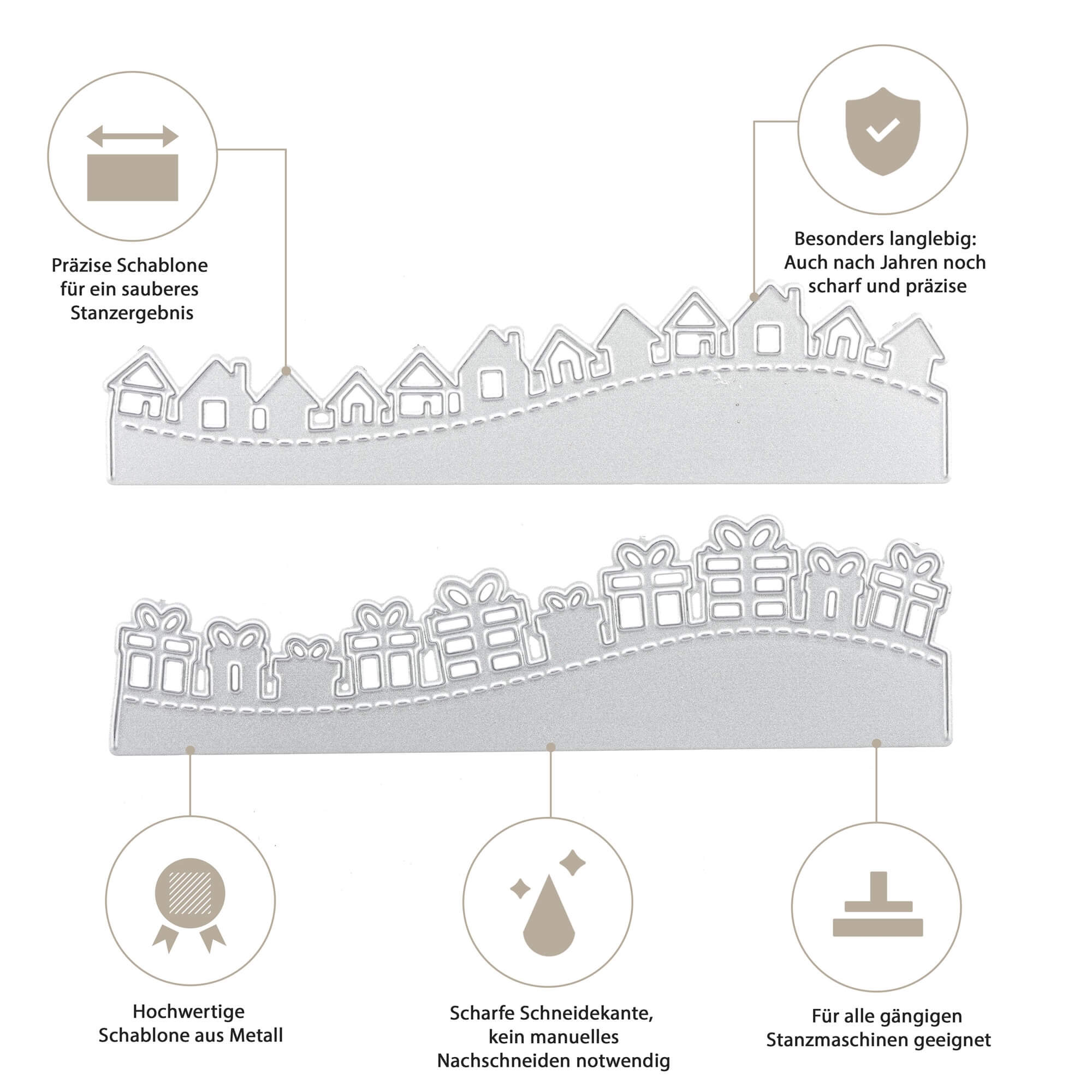 Die Stanzenshop.de Stanzschablone: Geschenke/Häuserwelle bietet zwei festliche Metallstanzschablonen - präzise, langlebig, scharf, Qualitätsmaterial, kompatibel mit den meisten Stanzmaschinen - ideal für Dekoration Zuhause oder Geschenkanhänger basteln.