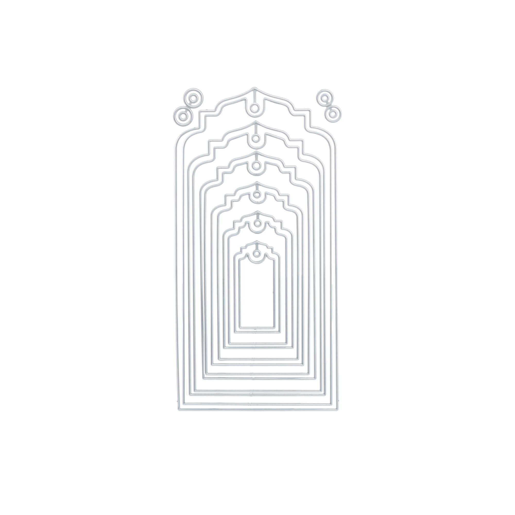 Das Stanzenshop.de Stanzschablone: Tags mit Rand enthält zehn ineinander verschachtelte, aufwendig gestaltete Metallstanzformen für Scrapbooking oder Tags, übersichtlich nach Größen sortiert auf weißem Hintergrund.