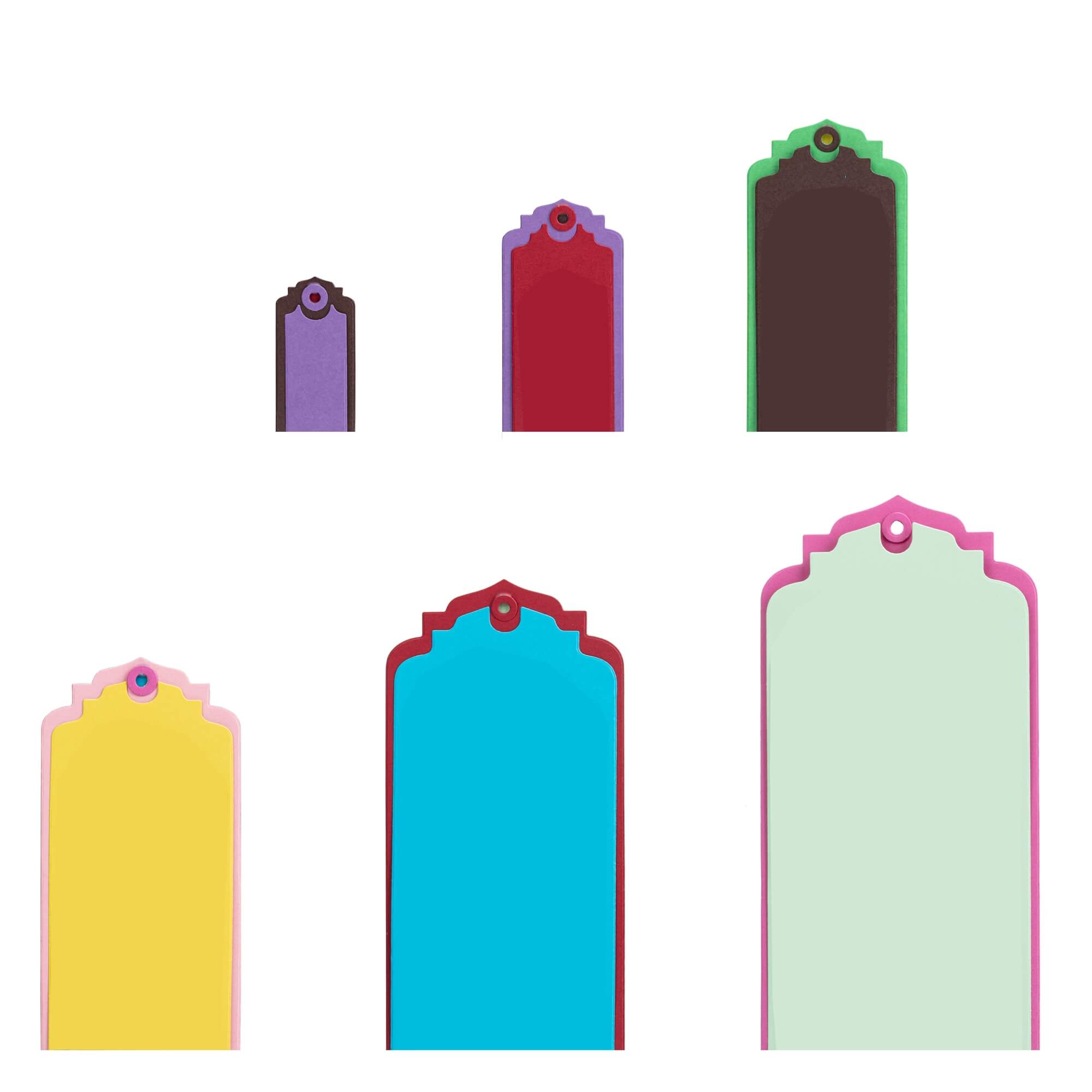 Die Stanzschablone: Tags mit Rand von Stanzenshop.de enthält sechs bunte, rechteckige Tags mit gewelltem Rand und Lochung - ideal für Geschenke oder Scrapbooking. Alle Größen sind auf weißem Hintergrund präsentiert.