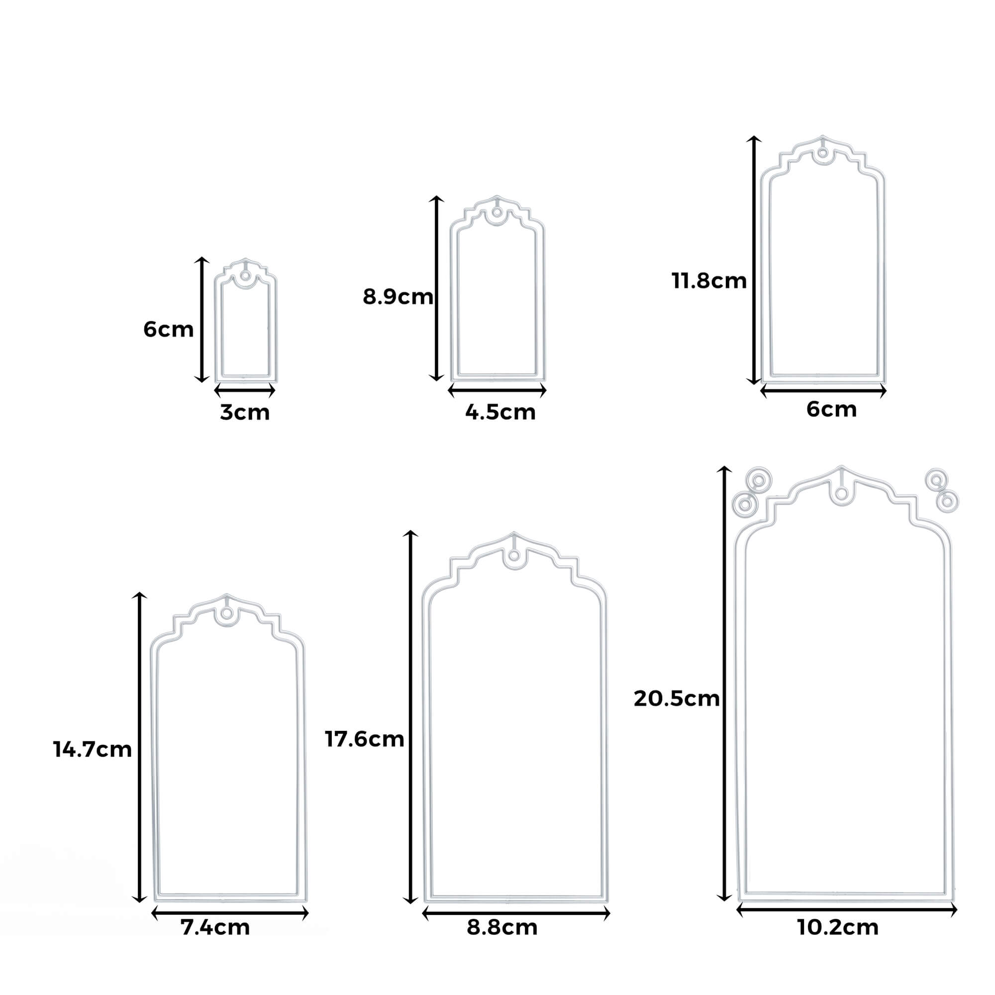 Diagramm mit sechs unterschiedlich großen bogenförmigen Anhängern aus der "Stanzschablone" von Stanzenshop.de: Tags mit Rand" - perfekt für Scrapbooking oder Geschenkanhänger - mit Angabe der Maße (Höhe und Breite) in Zentimetern.