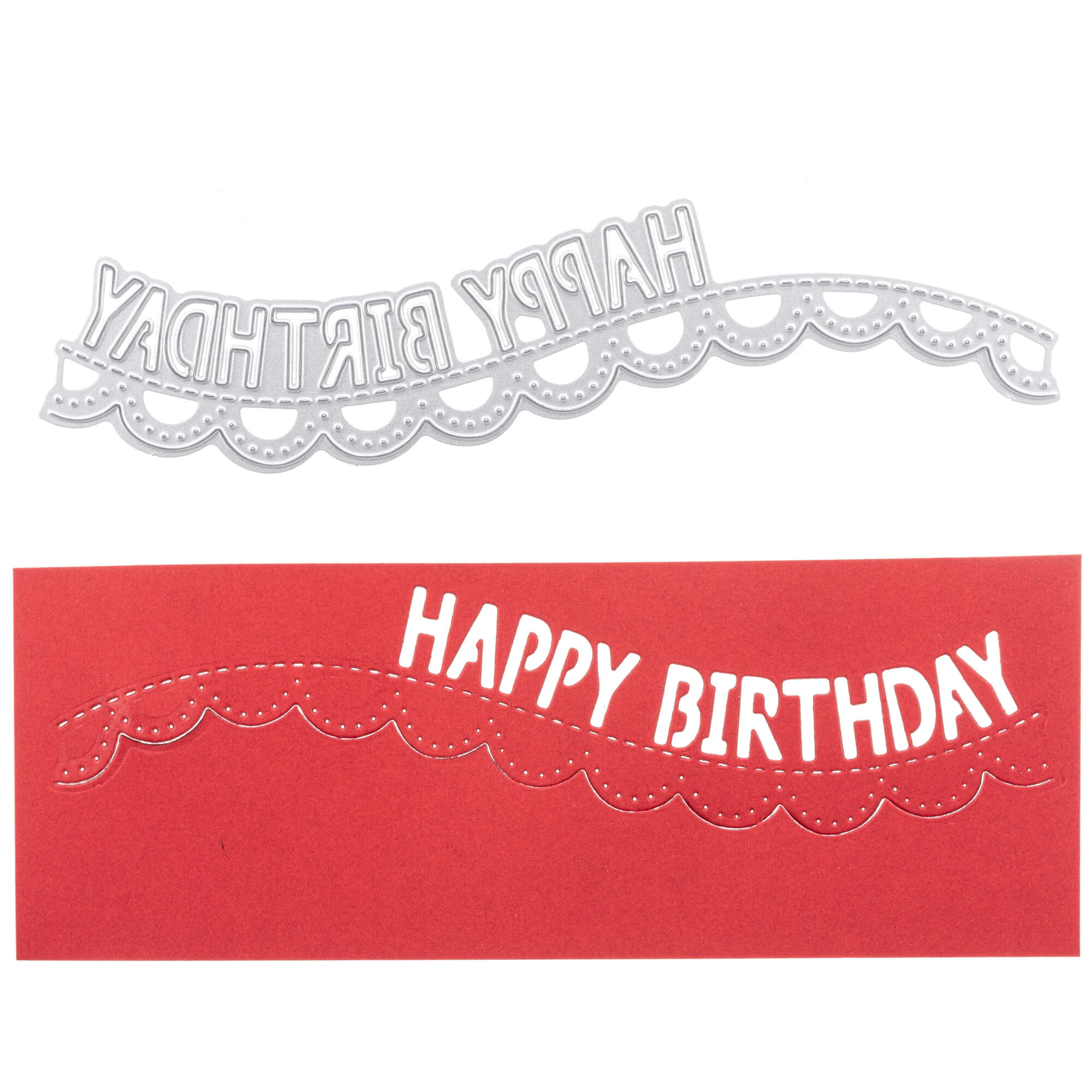 Präsentieren Sie Ihre Geburtstagsbasteleien mit der Stanzschablone: Happy Birthday Wimpel von Stanzenshop.de-eine Metallstanze mit Wellenrand, perfekt zum Geburtstagskarte basteln oder zum Hinzufügen von festlichen Wimpel Deko-Akzenten.