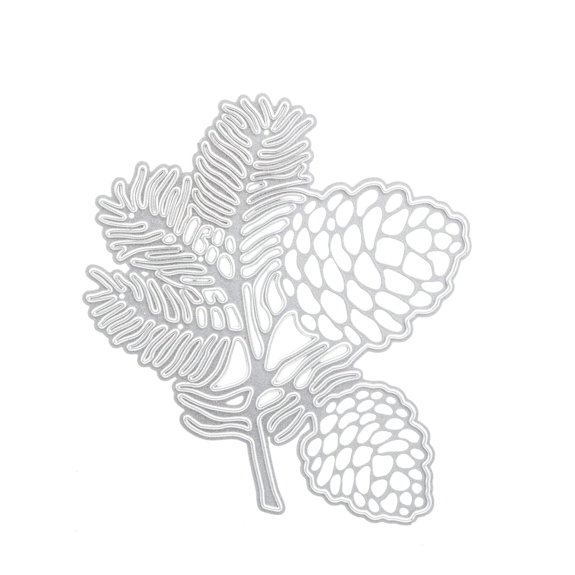 Die Stanzschablone: Zapfenzweig von Stanzenshop.de ist eine Metallic-Stanzform, die einen Tannenzweig mit Nadeln und zwei Tannenzapfen zeigt - ideal für Bastelprojekte oder Scrapbooking, dargestellt auf einem schlichten weißen Hintergrund.