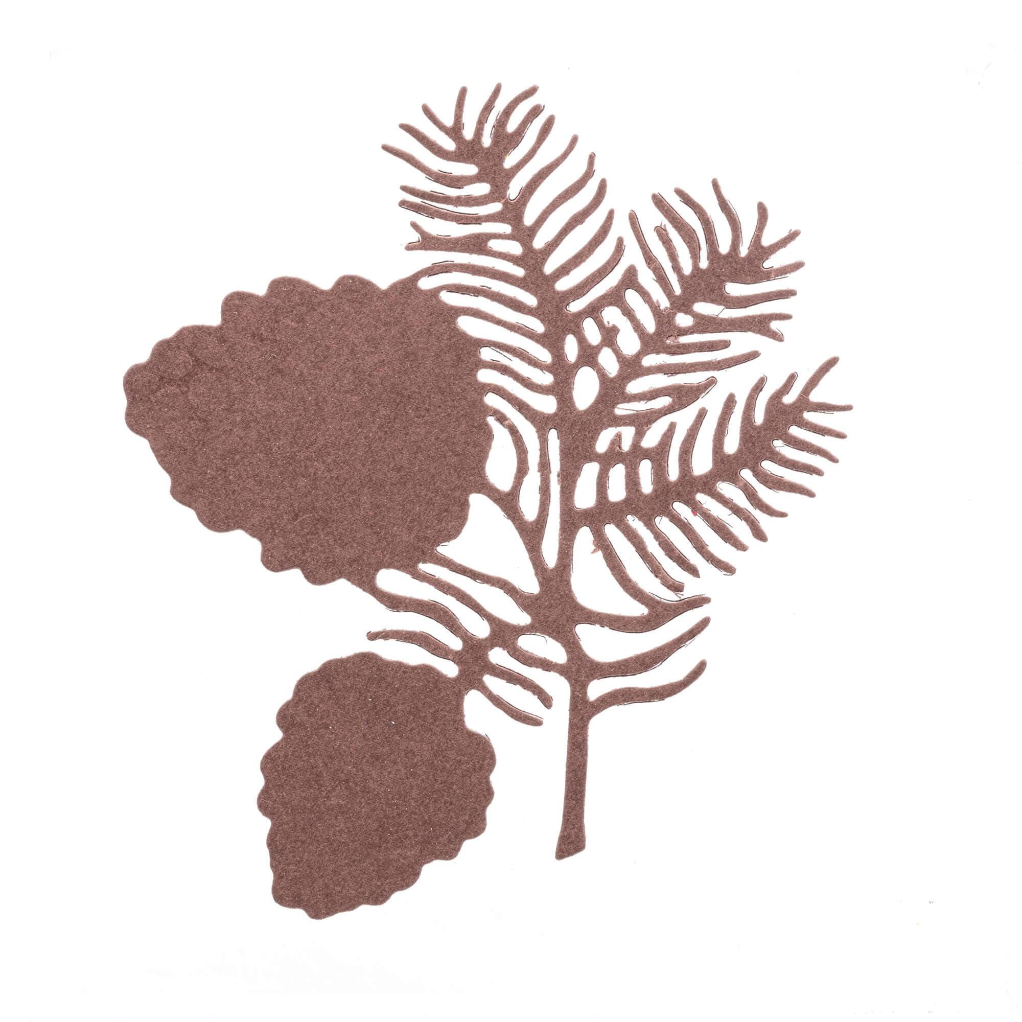 Die Stanzenshop.de Stanzschablone: Zapfenzweig kreiert einen dekorativen braunen Tannenzapfen und Nadelausschnitt, ideal für Bastelprojekte oder Scrapbooking, abgebildet auf einem weißen Hintergrund.