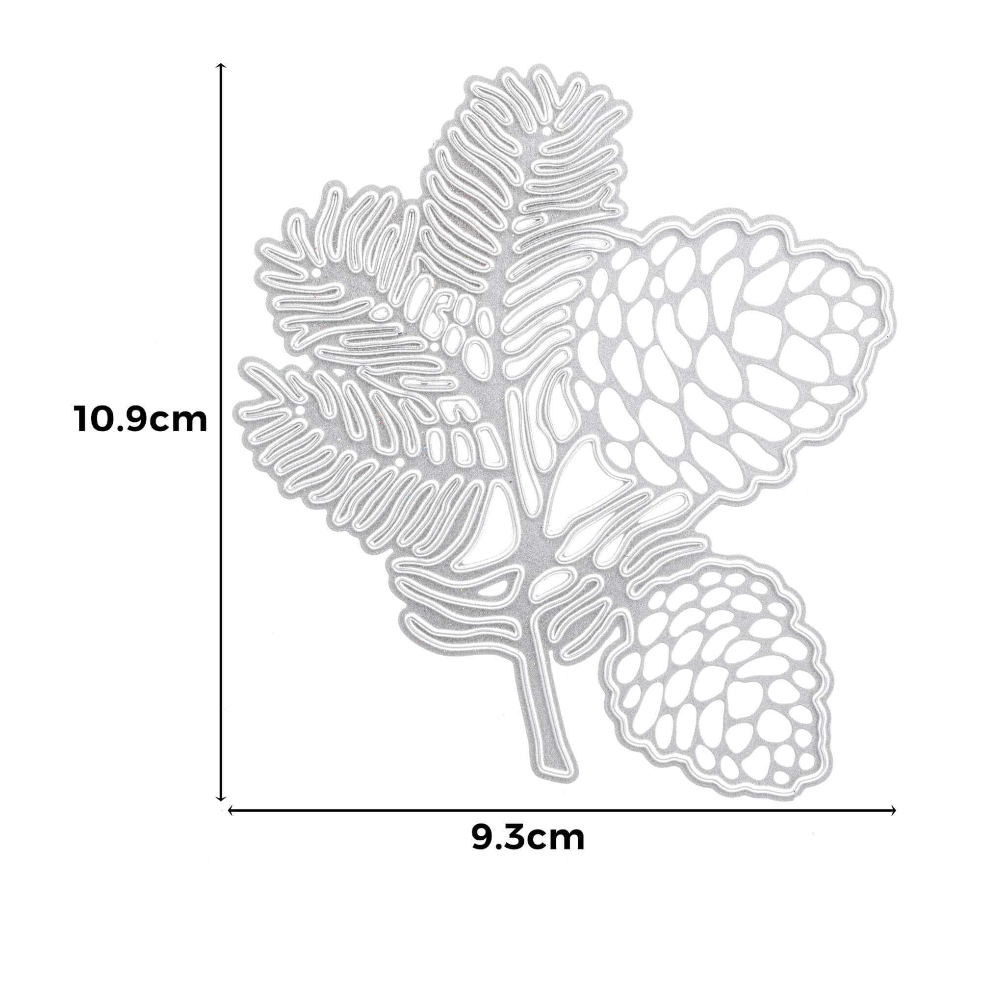 Die Stanzenshop.de Stanzschablone: Zapfenzweig, eine Metall-Schneideschablone in Tannenzapfen-Optik (10,9 x 9,3 cm), eignet sich ideal für Bastelprojekte und Scrapbooking und ist auf weißem Hintergrund abgebildet.