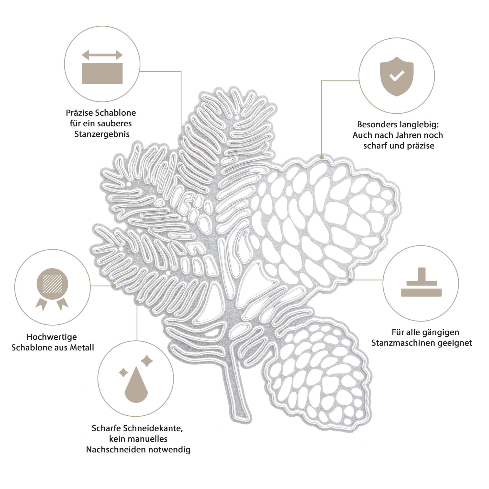 Die Stanzschablone: Zapfenzweig von Stanzenshop.de aus hochwertigem Metall bietet Präzision, Langlebigkeit, scharfe Kanten, Kompatibilität und Qualität - ideal für Scrapbooking und Bastelprojekte. Text auf Deutsch.