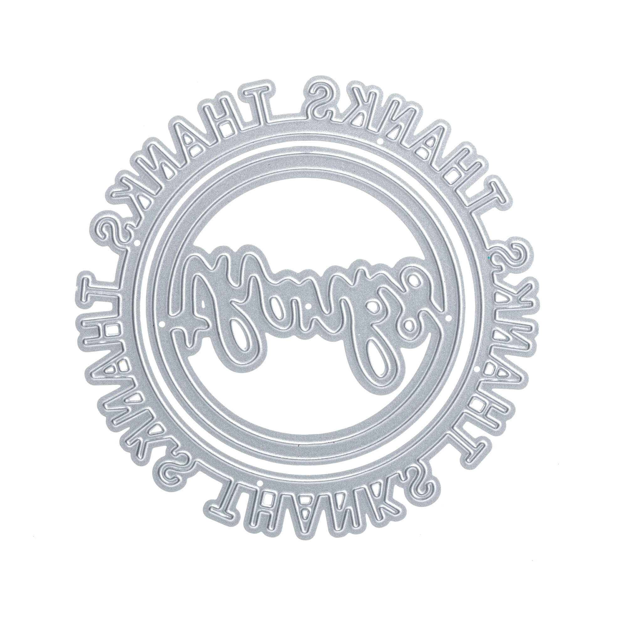 Die Stanzschablone: Thanks im runden Rahmen von Stanzenshop.de stanzt "thanks" in Schreibschrift, umgeben von kreisförmig angeordneten "THANKS" - ideal zum Basteln von Dankeskarten oder als Scrapbooking-Schablone für kreative Projekte.