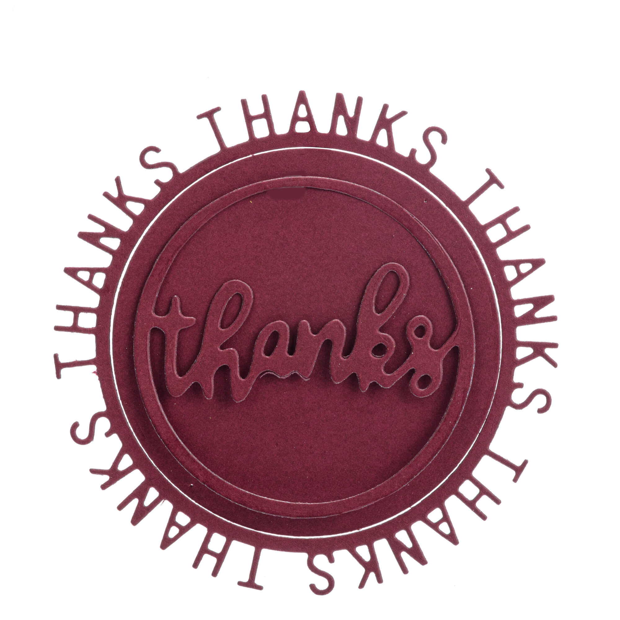 Die Stanzschablone: Thanks im runden Rahmen von Stanzenshop.de gestaltet einen kastanienbraunen runden Ausschnitt mit "Thanks" in der Mitte und "THANKS" am Rand - ideal für Scrapbooking oder DIY-Dankeskarten.