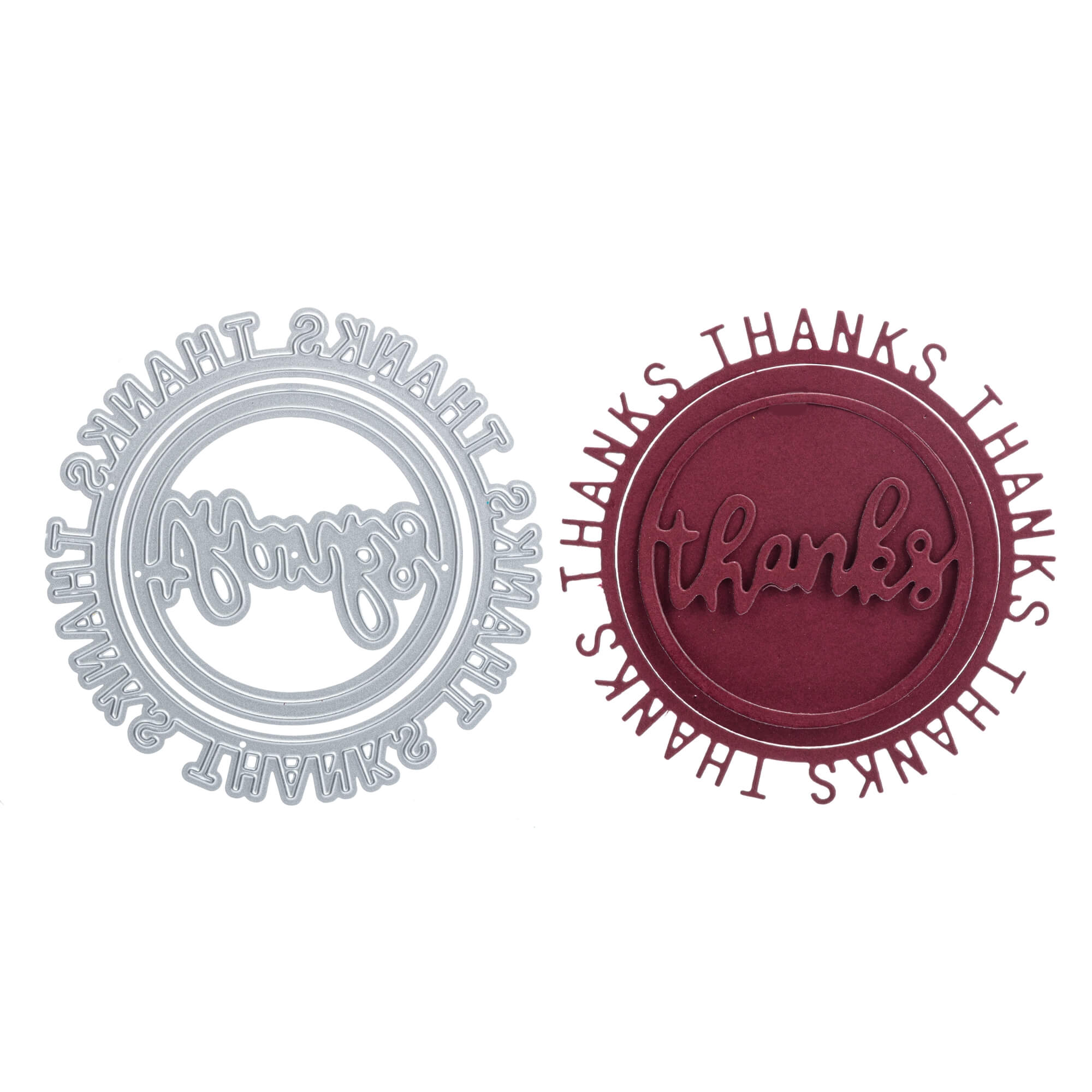 2er-Set: eine silberne "Thanks im runden Rahmen" Stanzschablone von Stanzenshop.de und ein bordeauxfarbener Thanks-Papierschnitt, jeweils mit "Thanks" in der Mitte, umgeben von "THANKS" - ideal für Dankeskarten basteln und Scrapbooking.