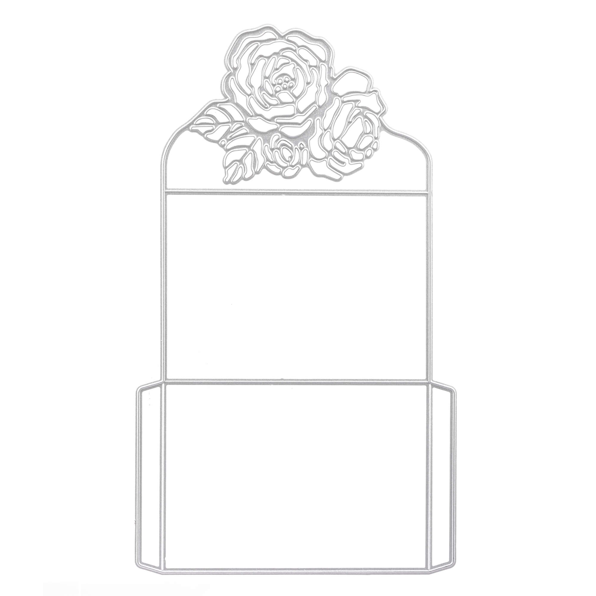 Ein Organizer aus Metall mit zwei Fächern, der oben ein florales Design aufweist, das von der Stanzenshop.de "Stanzschablone" inspiriert ist: Umschlag mit Rosen.