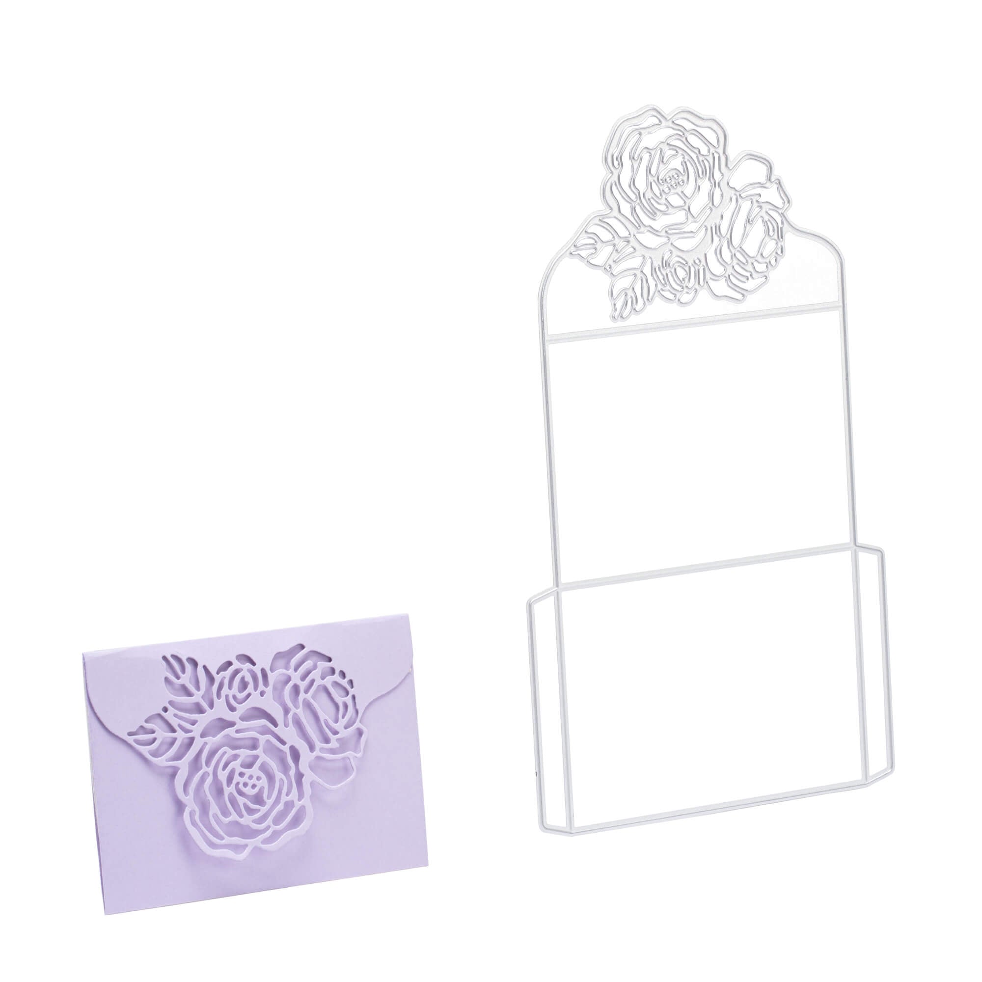 Ein weißer Draht-Organizer mit floralem Muster, gepaart mit einem lila Umschlag, der mit der "Stanzschablone: Umschlag mit Rosen" von Stanzenshop.de, der mit einem charmanten Rosenausschnitt versehen ist.
