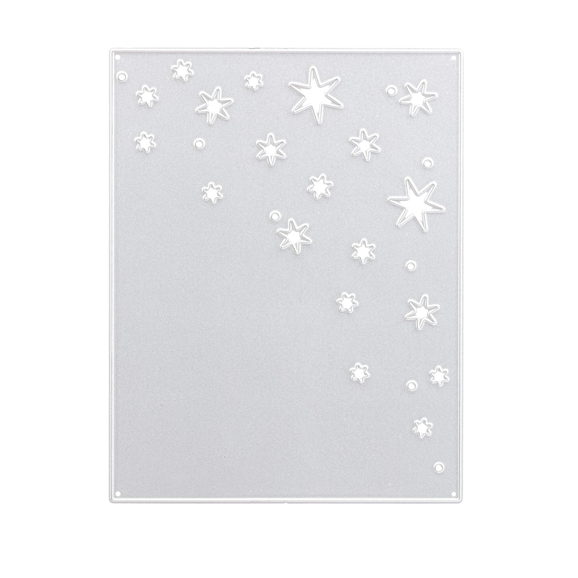Die Stanzschablone: Platte mit Sternen von Stanzenshop.de ist eine rechteckige silberne Metallstanze mit verschiedenen Stern- und Punktausschnitten in einem geschwungenen Muster oben rechts - ideal für Bastelprojekte oder Scrapbooking.
