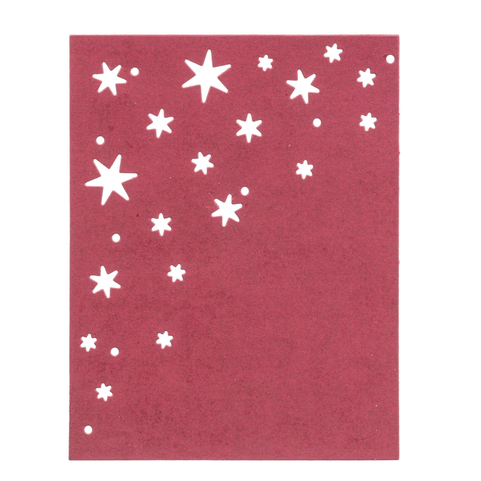 Die "Stanzschablone: Platte mit Sternen" von Stanzenshop.de ist eine rote rechteckige Karte mit verschiedenen Stern- und Rundausschnitten, ideal für Scrapbooking oder Bastelprojekte, mit Motiven, die im oberen rechten und linken Bereich verstreut sind.