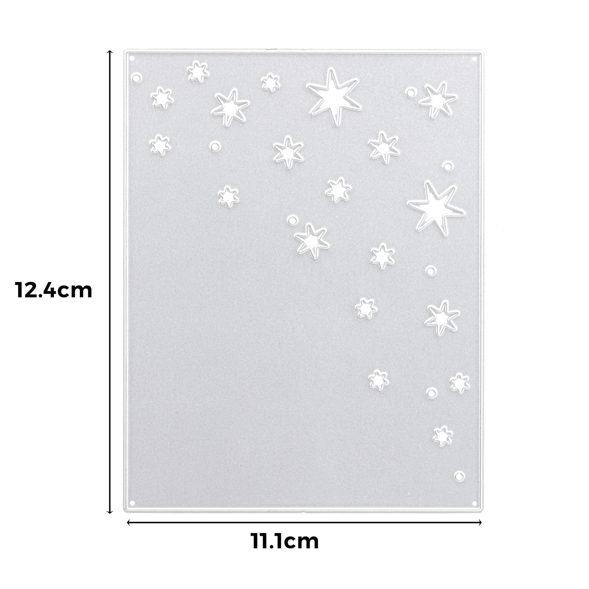 Die Stanzenshop.de Stanzschablone: Platte mit Sternen ist eine 12,4 x 11,1 cm große Metallplatte mit geprägten diagonalen Sternformen, ideal für Bastelprojekte und Scrapbooking.