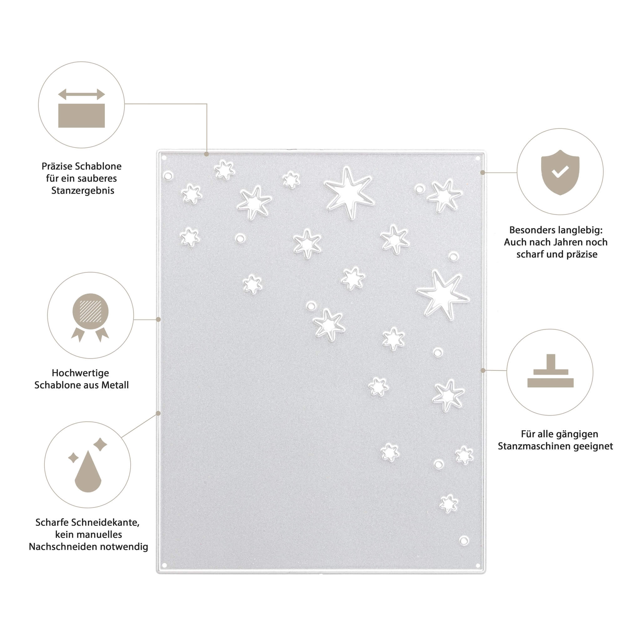 Die Stanzschablone "Platte mit Sternen" von Stanzenshop.de bietet präzise, langlebige Qualität, scharfe Kanten und vielseitige Kompatibilität - ideal für Scrapbooking und Bastelprojekte mit verschiedenen Sternmotiven.