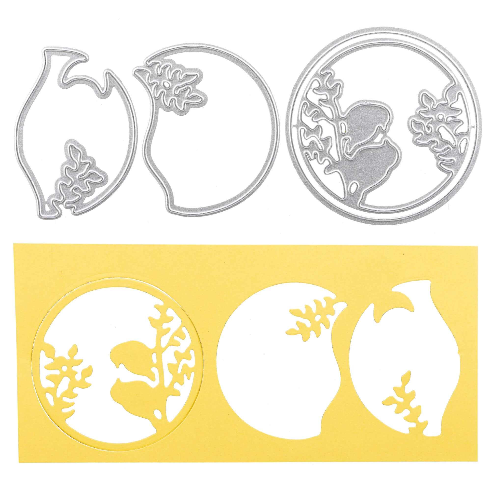 Drei Stanzformen aus Metall und gelbe Papierausschnitte mit der "Stanzschablone: 3D Vogel im Kreis" von Stanzenshop.de-ideal für kreative Kartengestaltung oder Vogelmotiv basteln!.