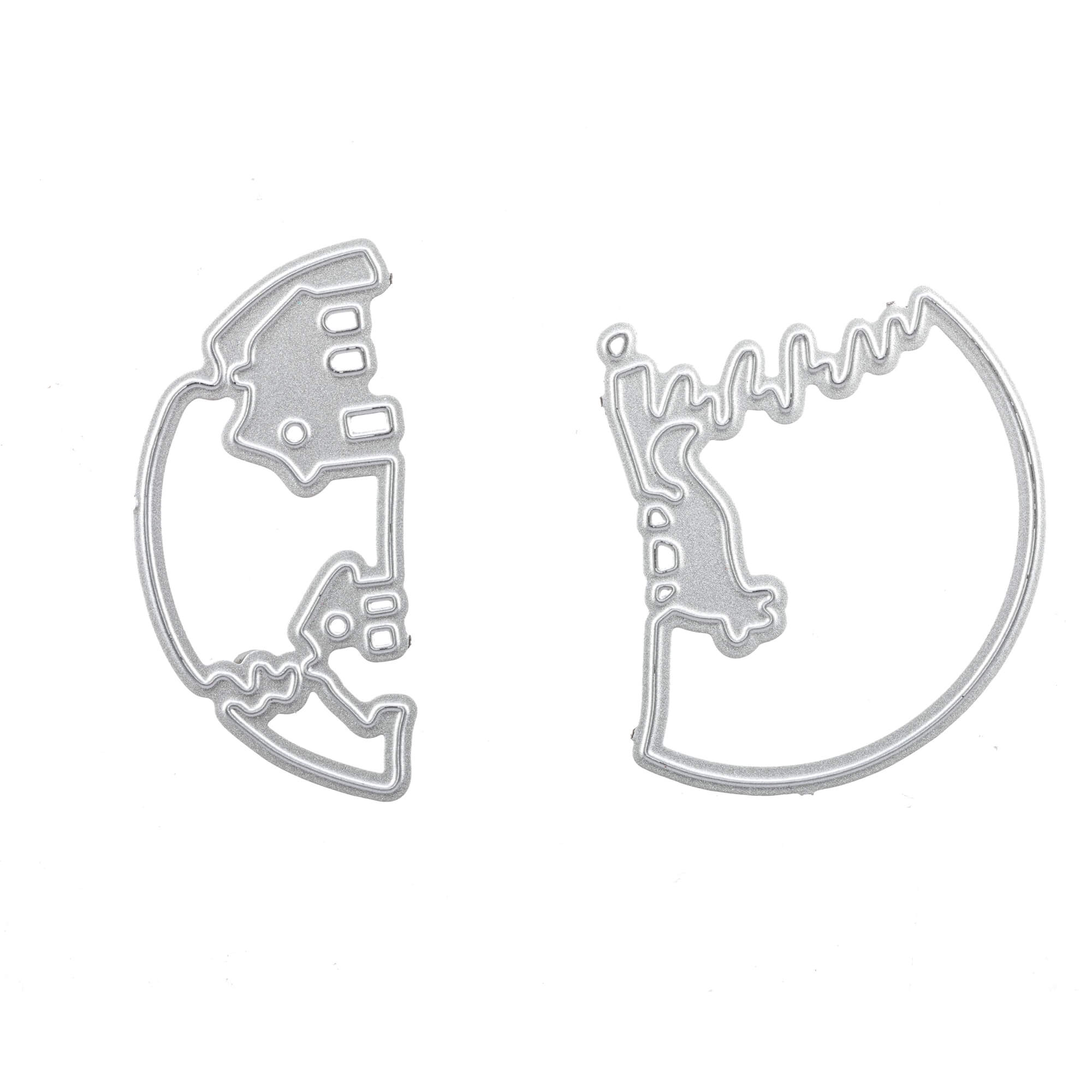 Zwei silberne Metallstanzteile aus der Stanzschablone: 3D Schneekugel mit Haus und Fuchs von Stanzenshop.de, geformt wie aufgesprungene Eierschalenhälften - ideal für einzigartige Bastelprojekte - sind auf weißem Hintergrund zu sehen.