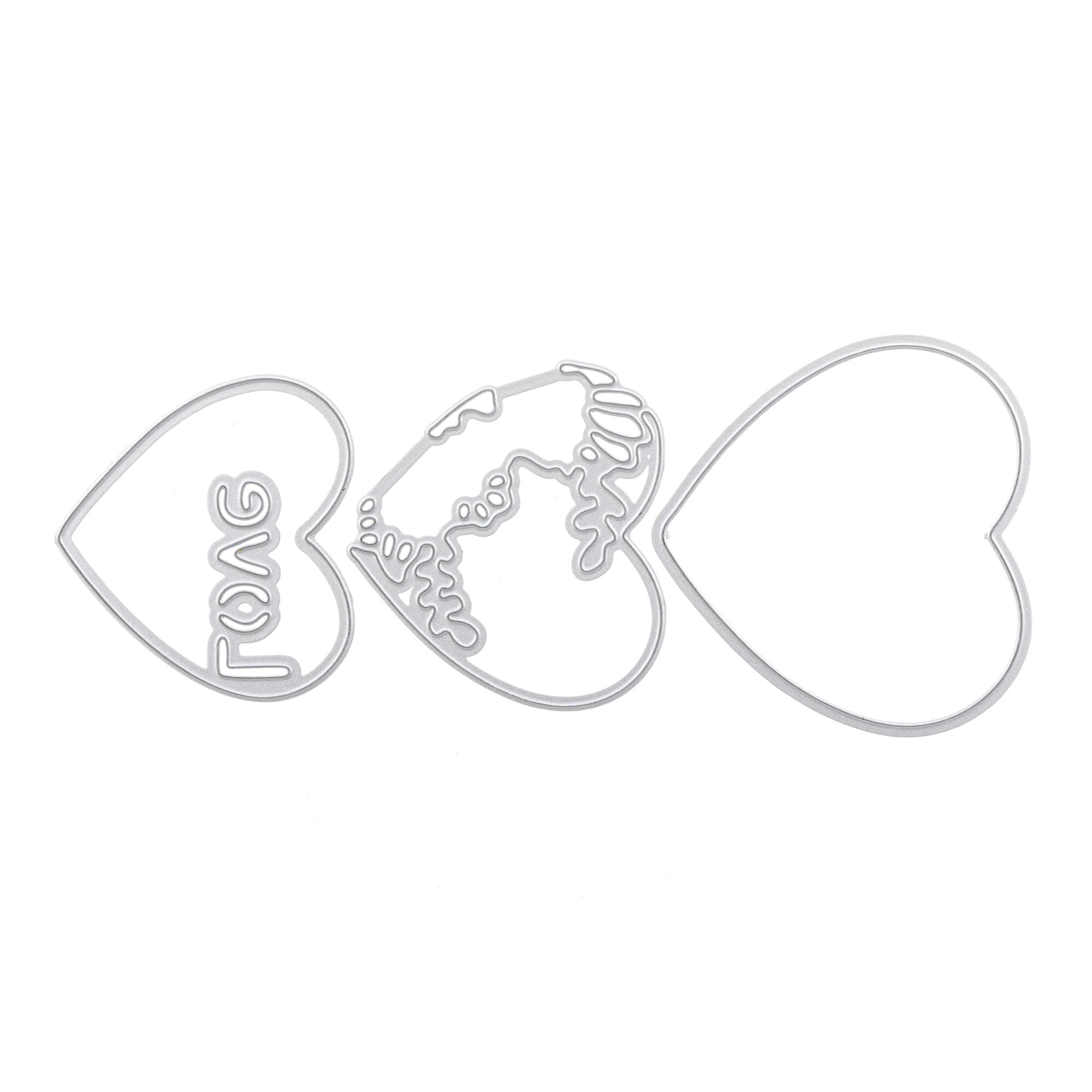 Drei umrissene Herzen - eine Flagge, eine Weltkugel und ein schlichtes - sind in einer Reihe dargestellt, alles weiß auf weiß. Perfekt für Bastelprojekte oder handgemachte Karten mit der "Stanzschablone: 3D Herz" von Stanzenshop.de.